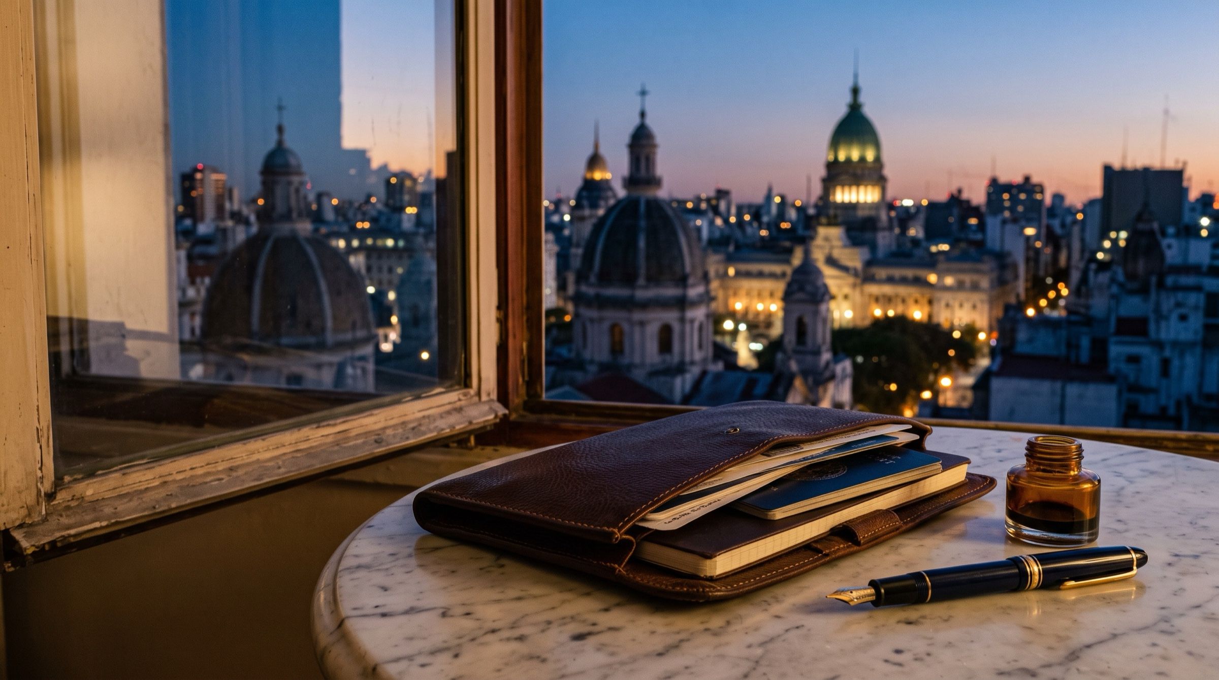A leather document wallet and a fountain pen on a marble table beside a window overlooking Buenos Aires domes at dusk