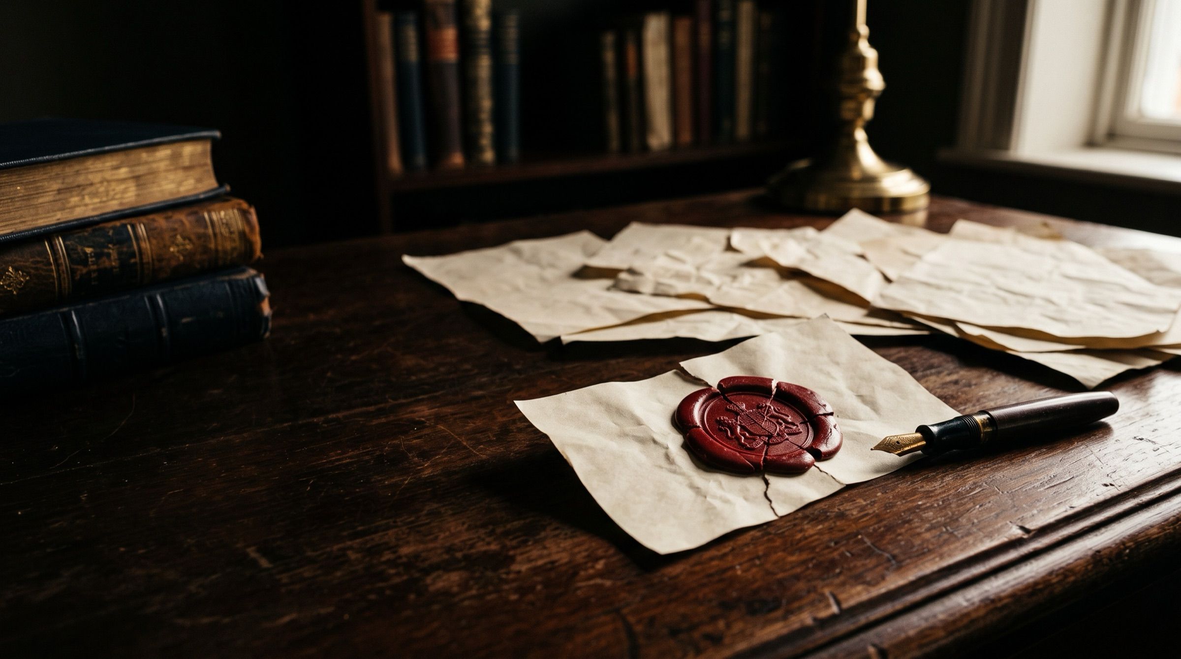 Scattered blank papers and a cracked red wax seal on a dark desk, a toppled fountain pen, dramatic side light