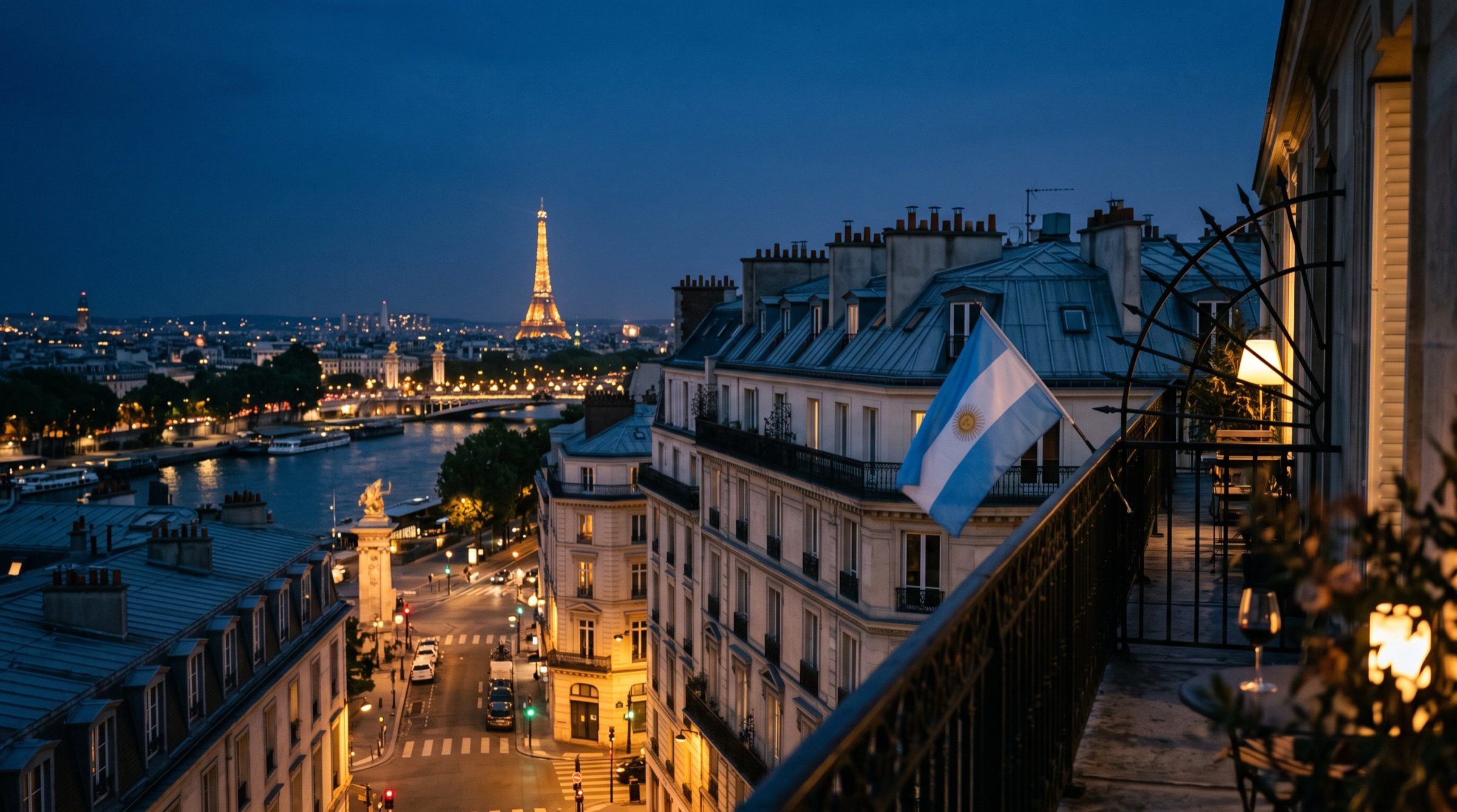 Paris at dusk, Haussmann rooftops and the Seine with warm windows, a small light-blue and white Argentine flag on an iron balcony