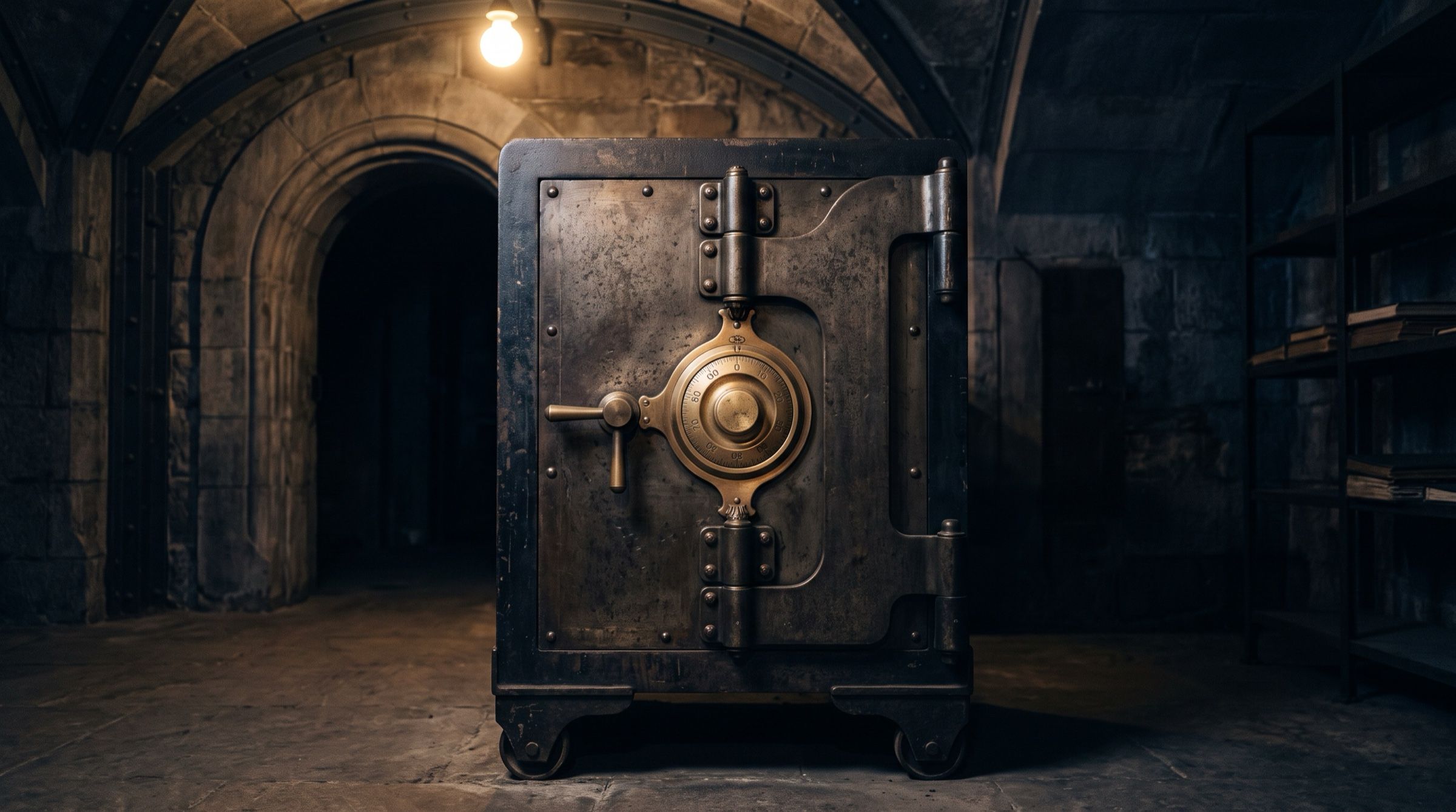 A heavy antique steel safe with a brass dial in a dark vaulted bank room, a single warm light