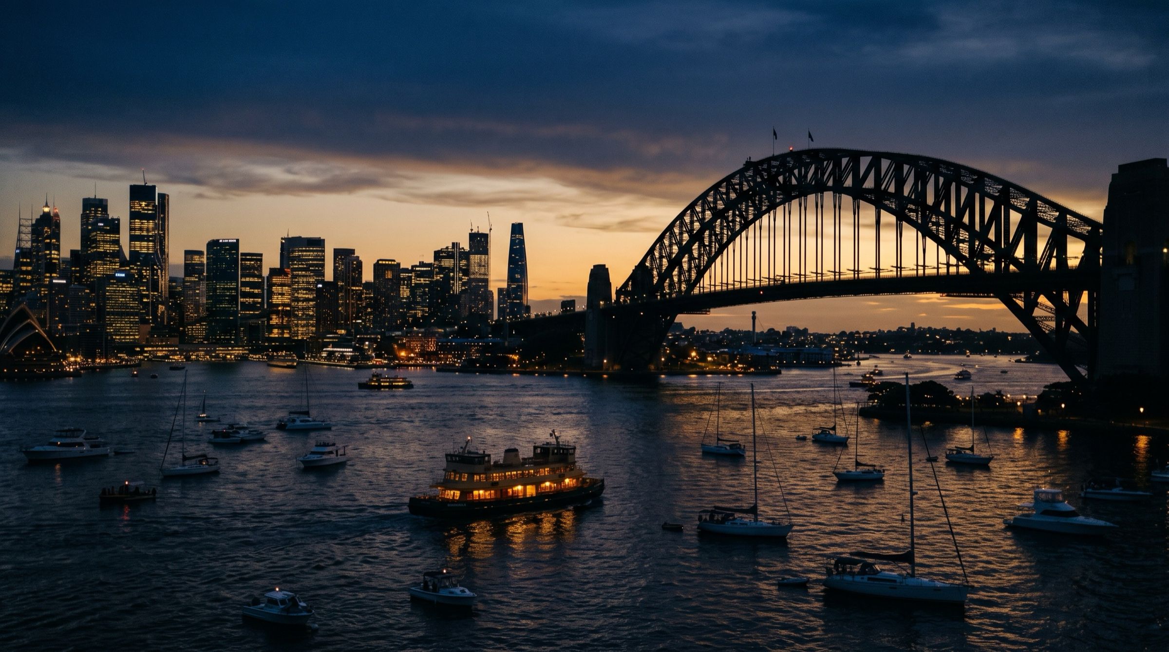Sydney Harbour at dusk with the Harbour Bridge silhouette and boats on the water