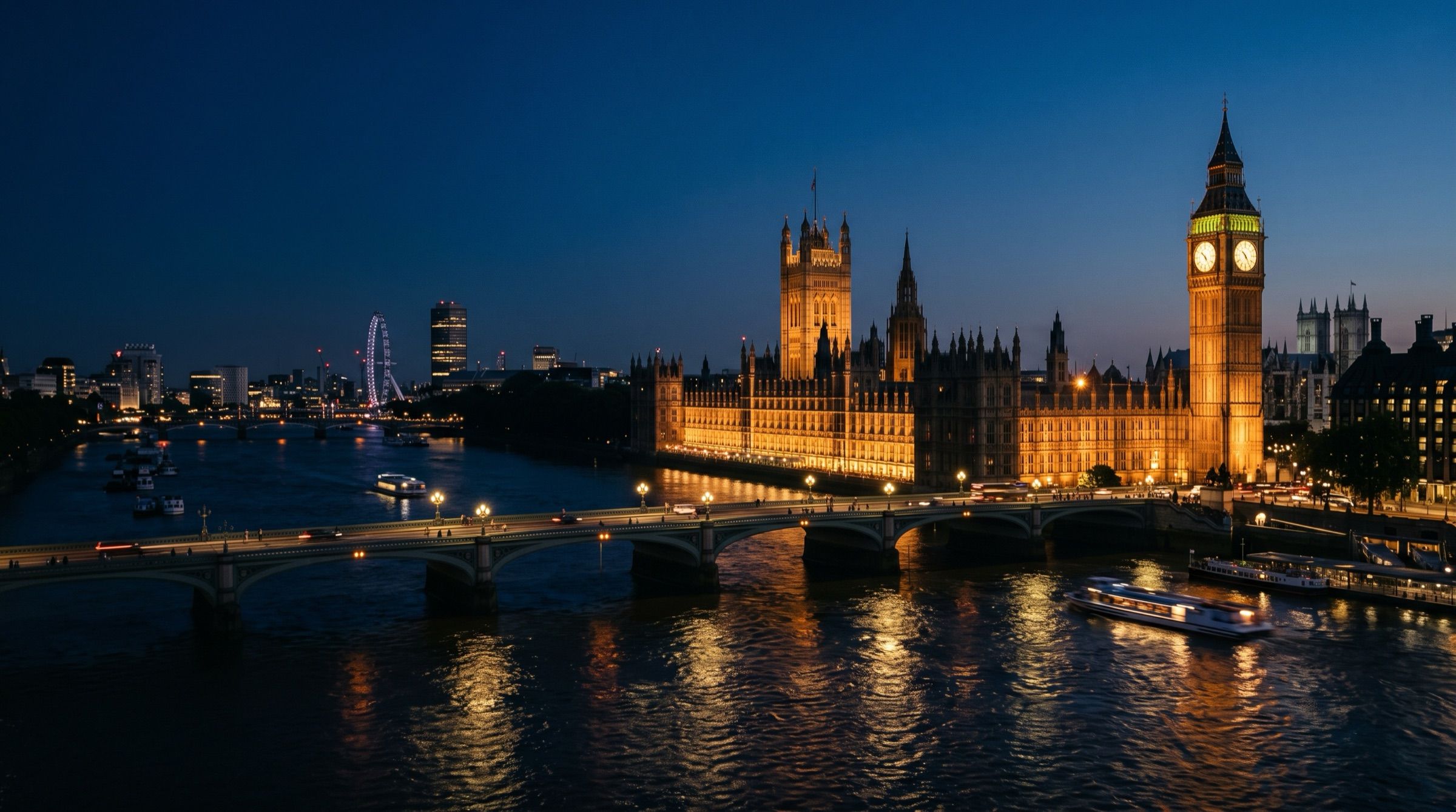 The Thames and the Palace of Westminster at blue hour, warm lights reflecting on the river