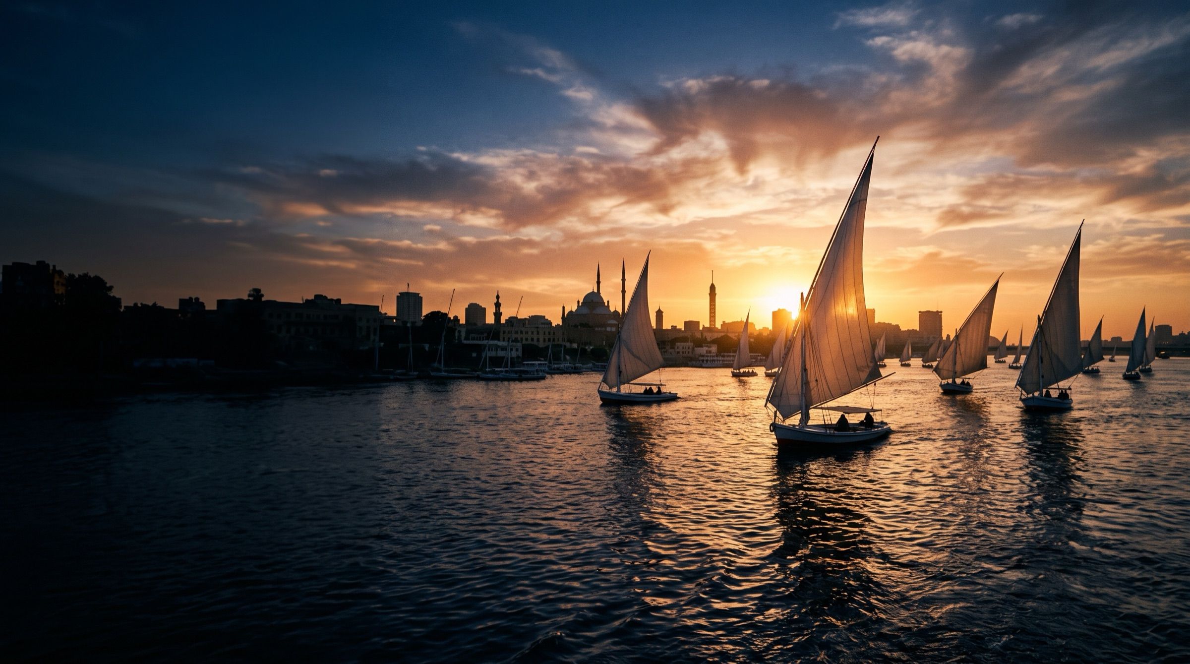 The Nile in Cairo at sunset with traditional felucca sails