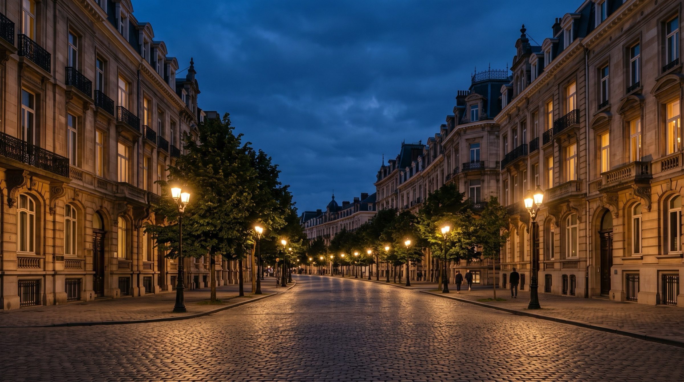 A Parisian-style boulevard in Brussels at blue hour with classical facades and warm street lamps