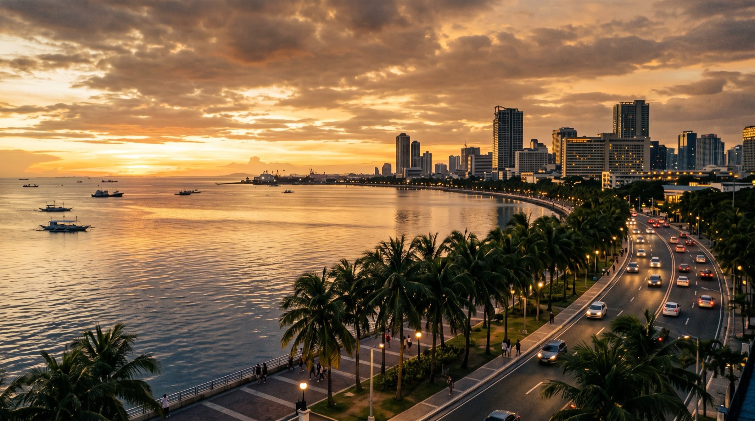 Manila Bay at sunset with palm-lined Roxas Boulevard and calm water