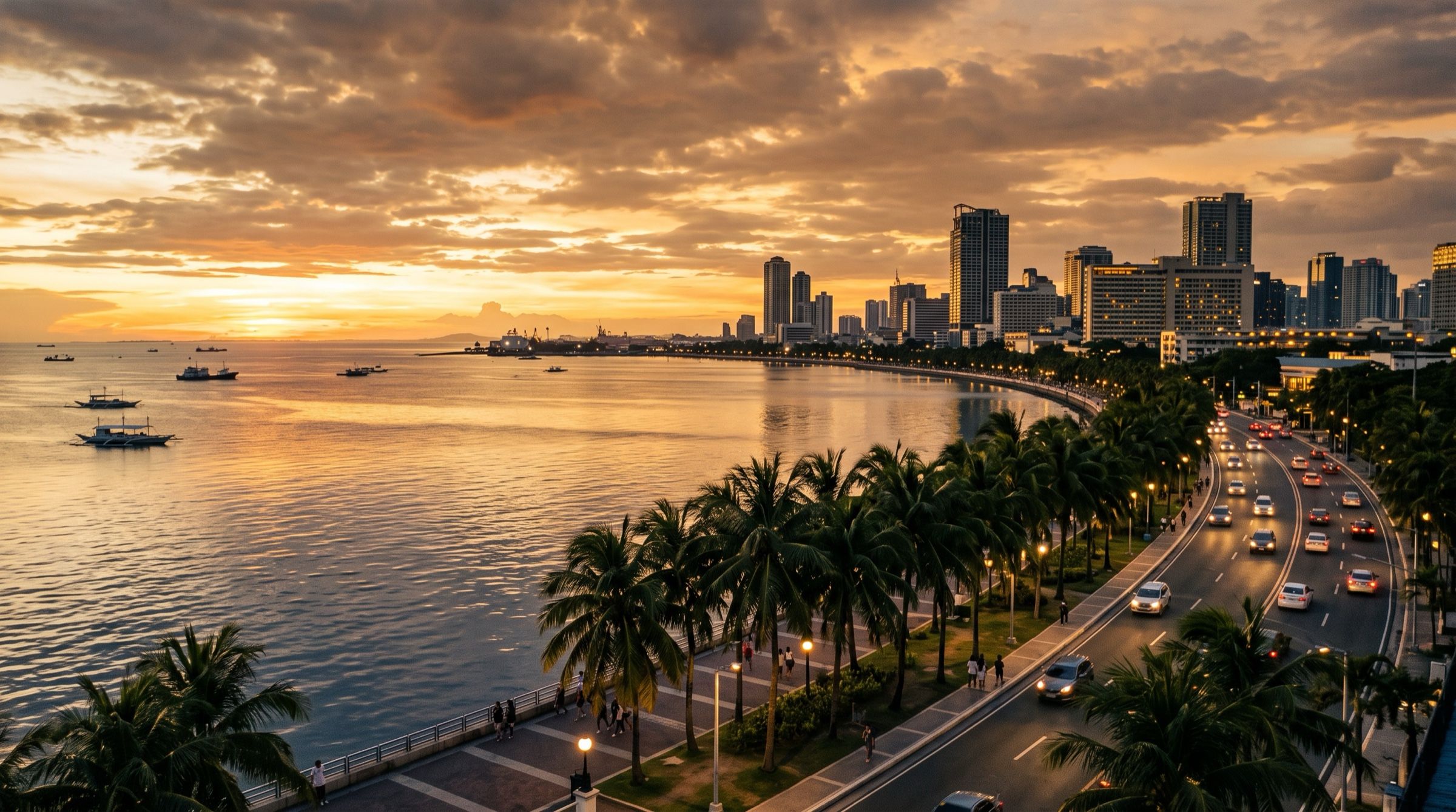 Manila Bay at sunset with palm-lined Roxas Boulevard and calm water