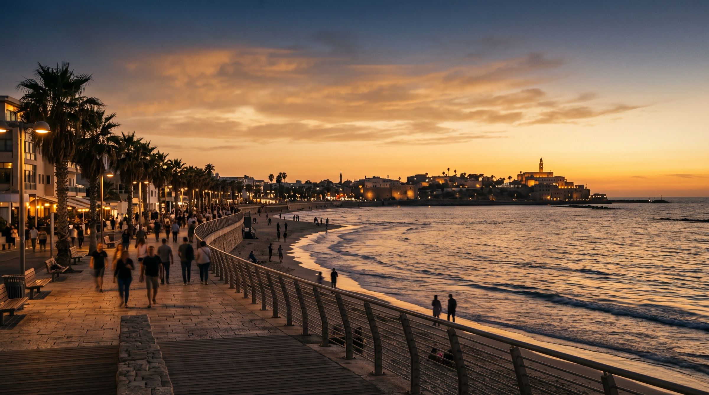 Tel Aviv beachfront promenade at sunset with the old port of Jaffa in the distance