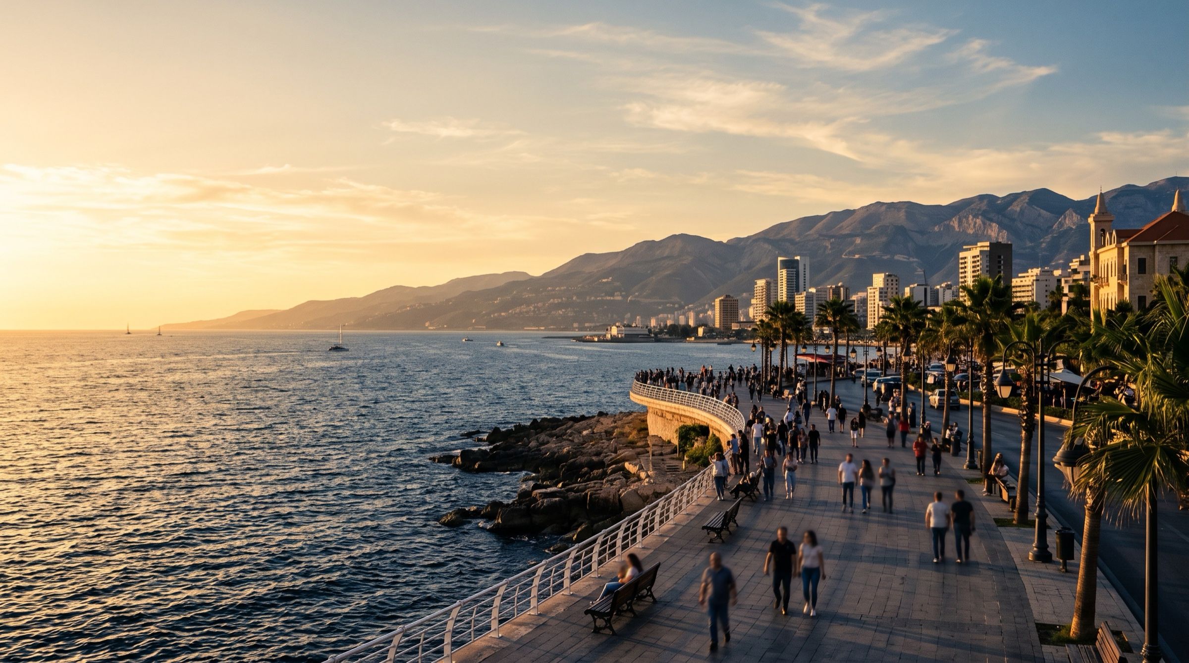 Beirut seafront corniche at golden hour with the Mediterranean and mountains beyond