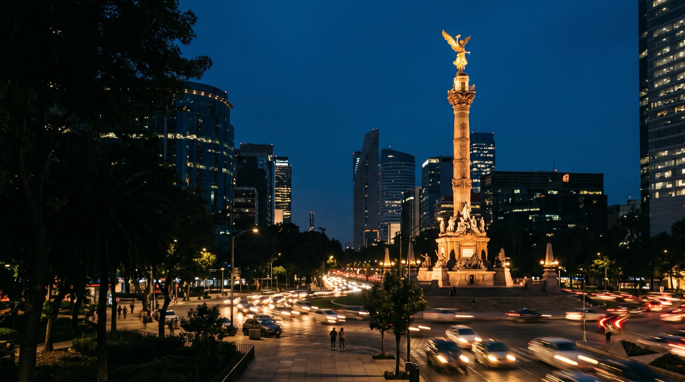 Paseo de la Reforma in Mexico City at blue hour with the Angel of Independence column lit gold