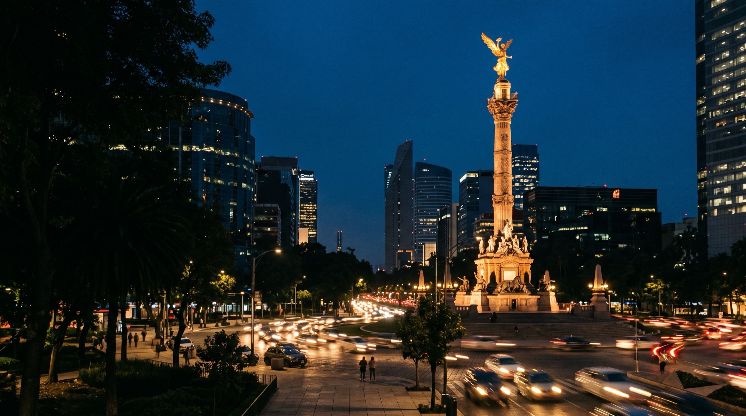 Paseo de la Reforma in Mexico City at blue hour with the Angel of Independence column lit gold