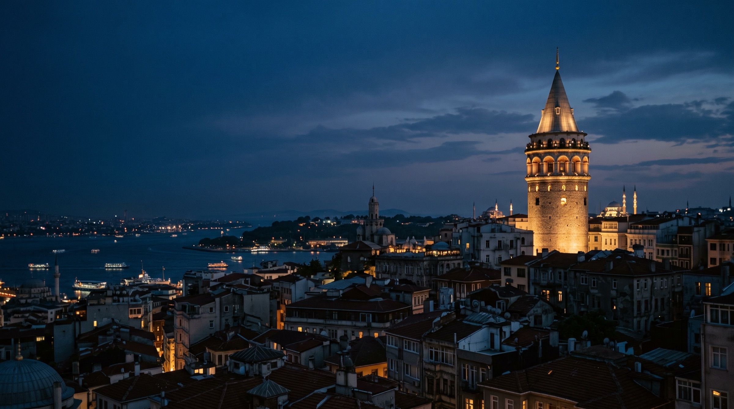 The Galata Tower in Istanbul at dusk above the old town rooftops