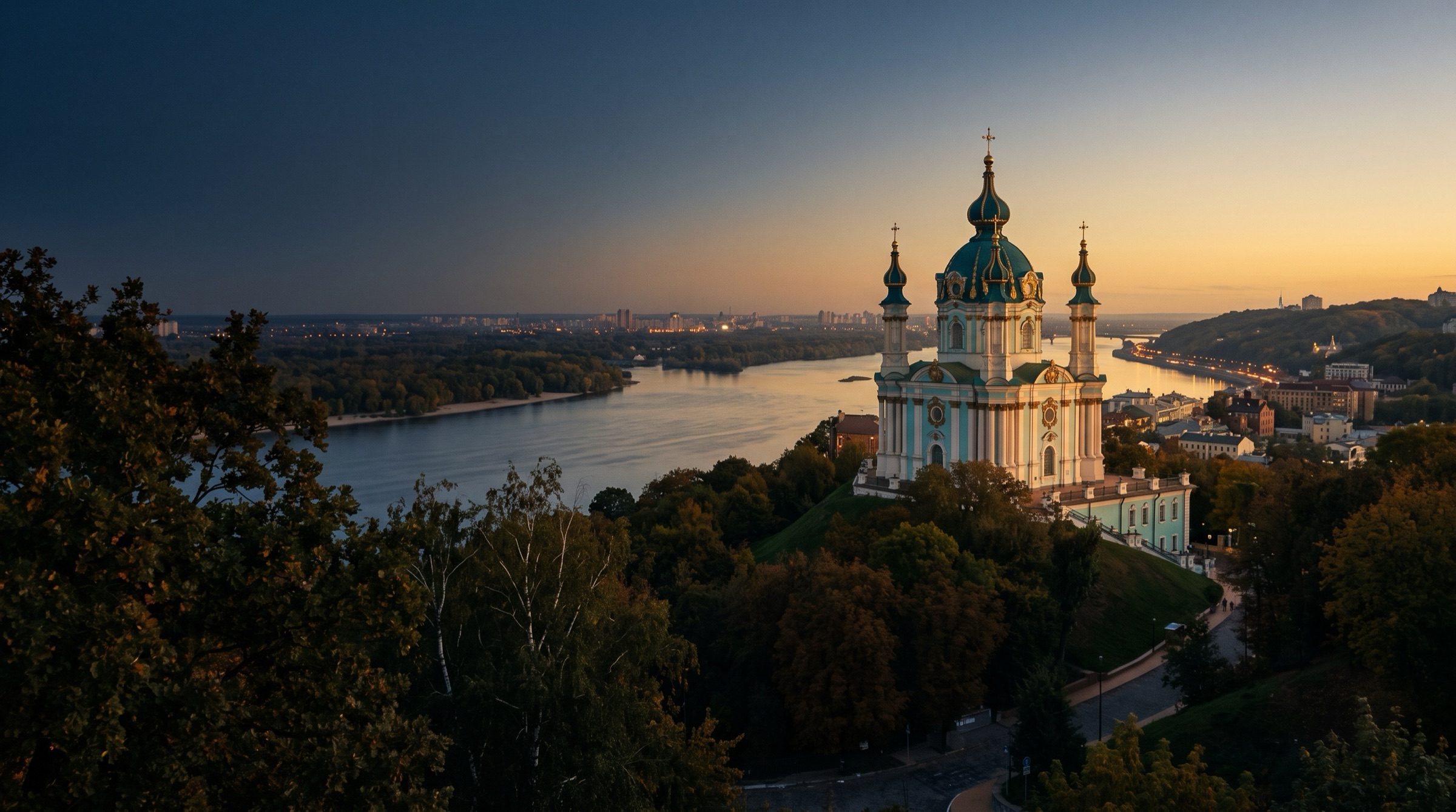 St Andrew's Church in Kyiv above the Dnipro river at golden hour, calm and peaceful