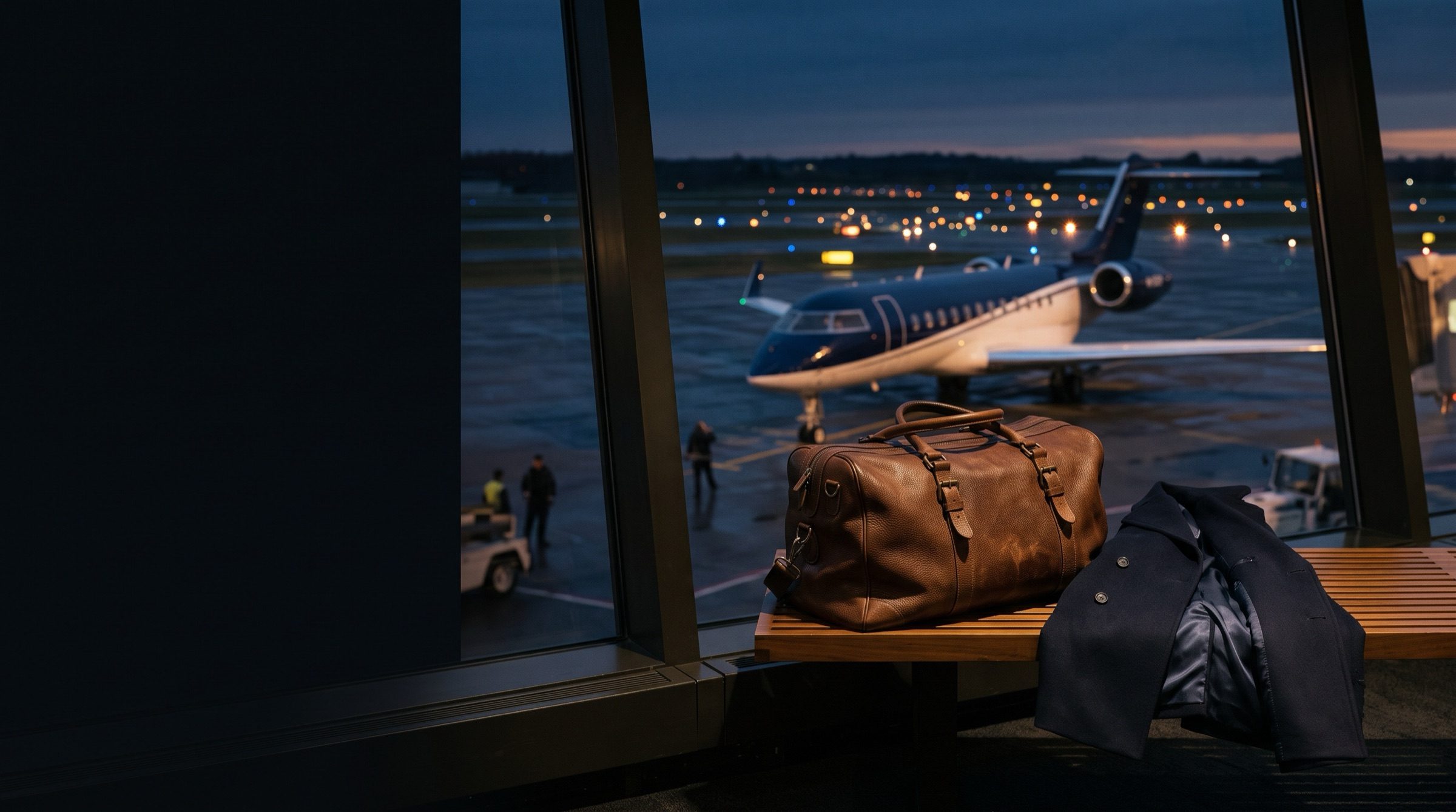 A leather travel bag and folded overcoat by a tall airport window at dusk, a private jet waiting on the tarmac outside, warm runway lights