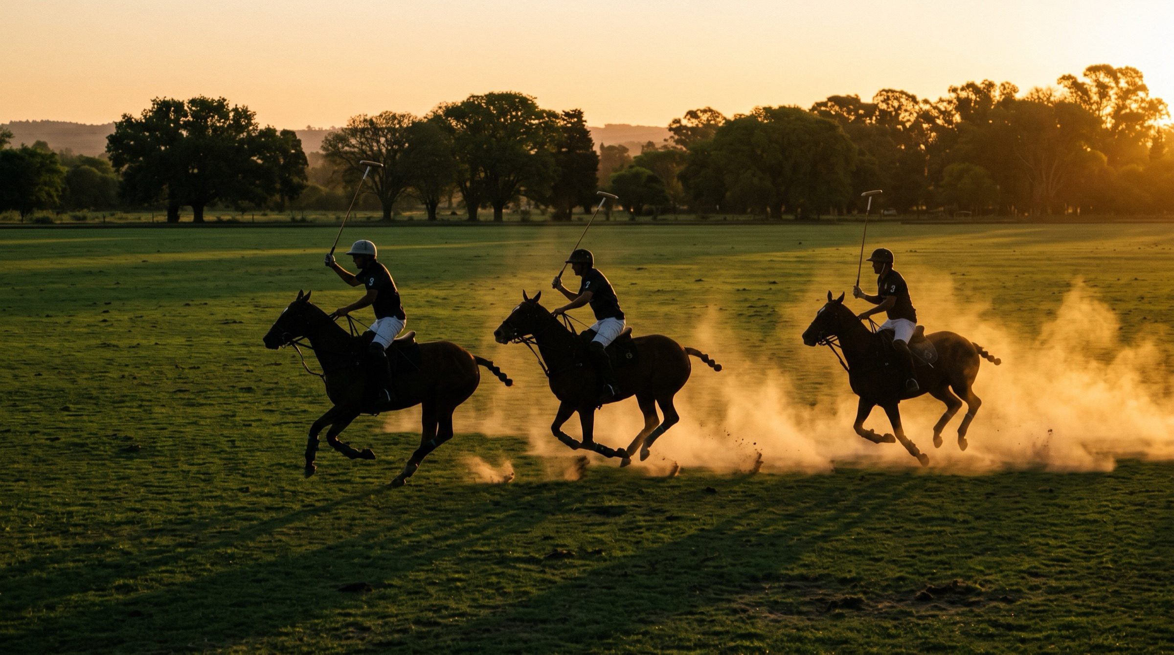 Three polo players galloping across a green field at golden hour, dust glowing in the low sun