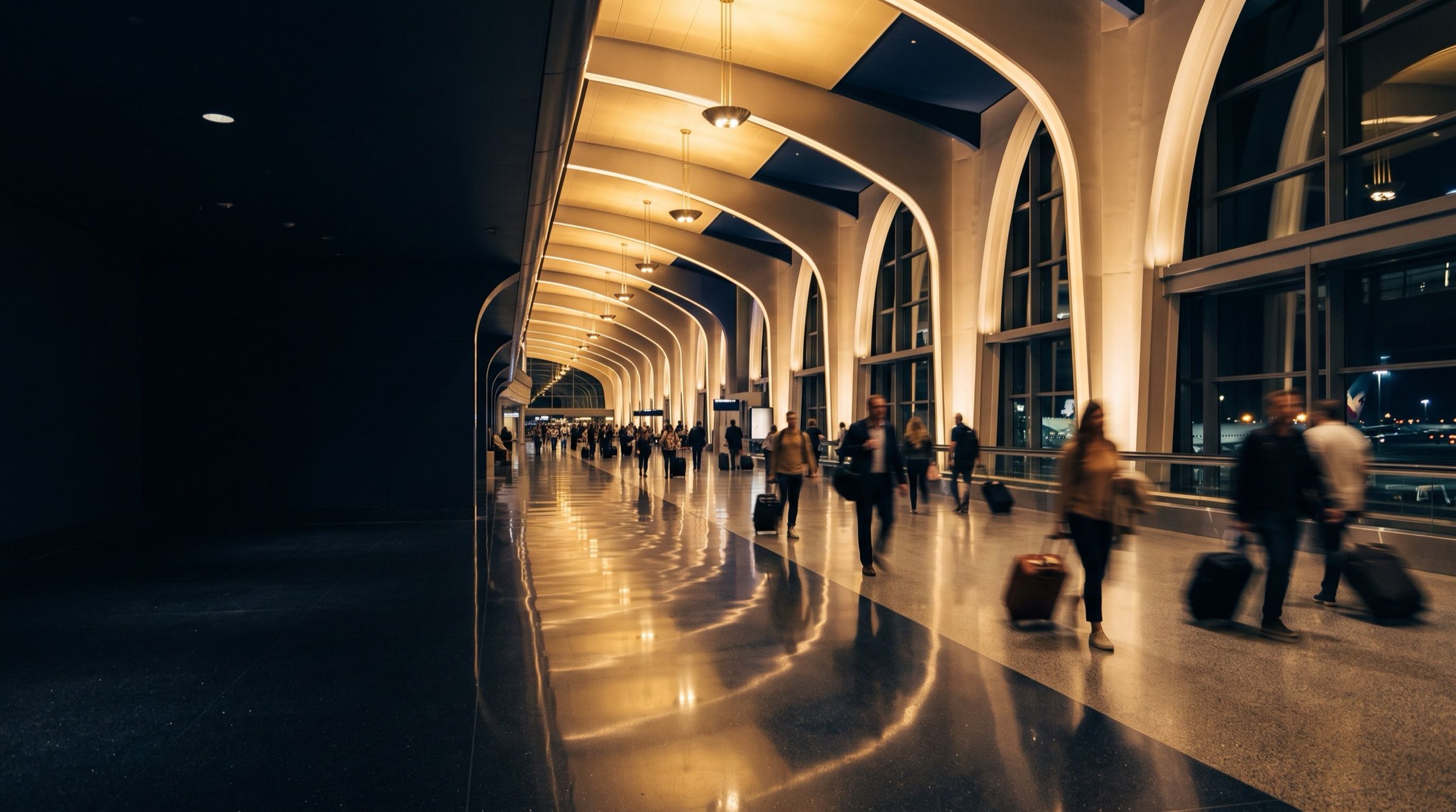 An airport departures hall at night with a long reflective floor and blurred travellers, warm gold lights