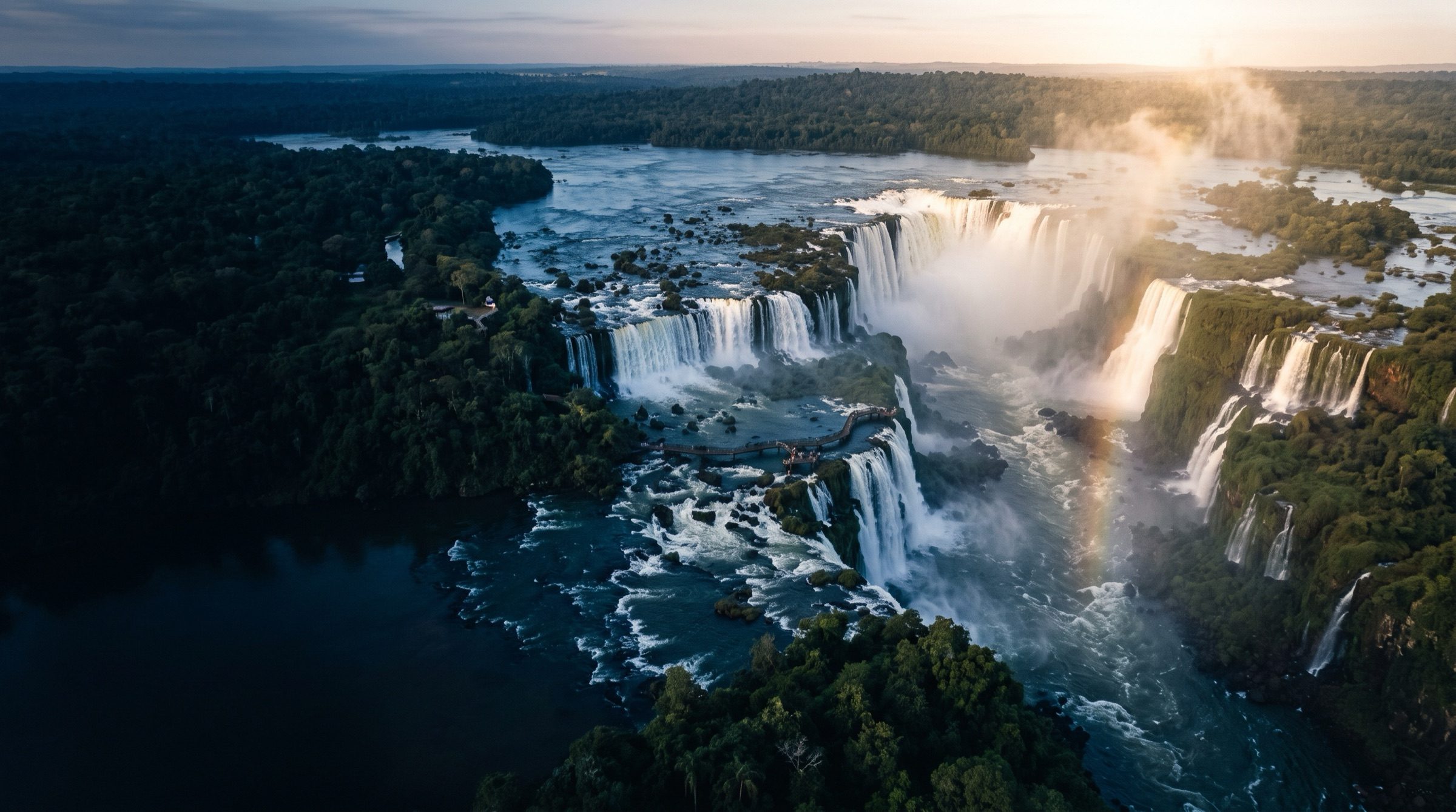 Iguazu Falls at sunrise seen from above, mist, curtains of water, lush jungle, a faint rainbow