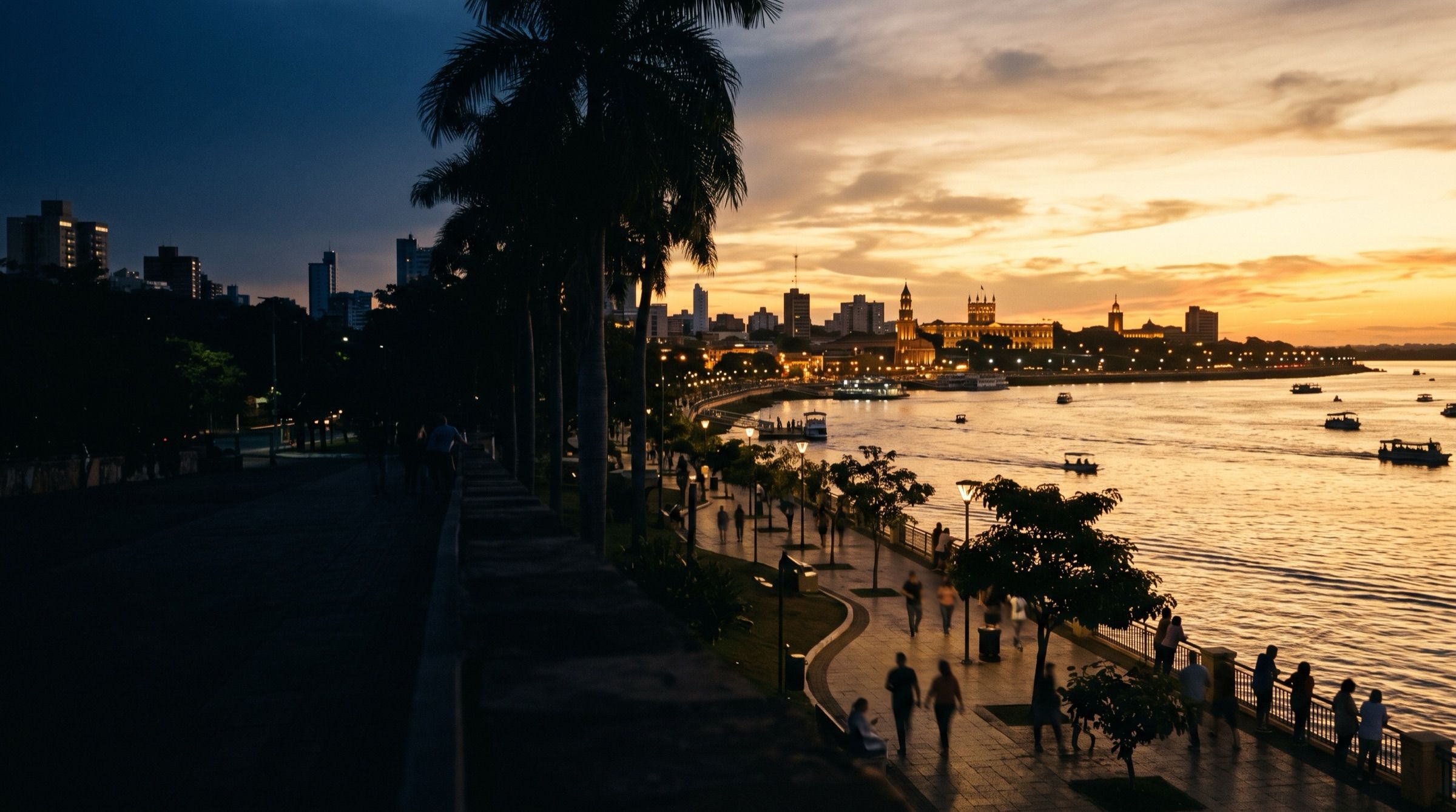 The Paraguay River at Asuncion at sunset, riverside promenade, warm sky