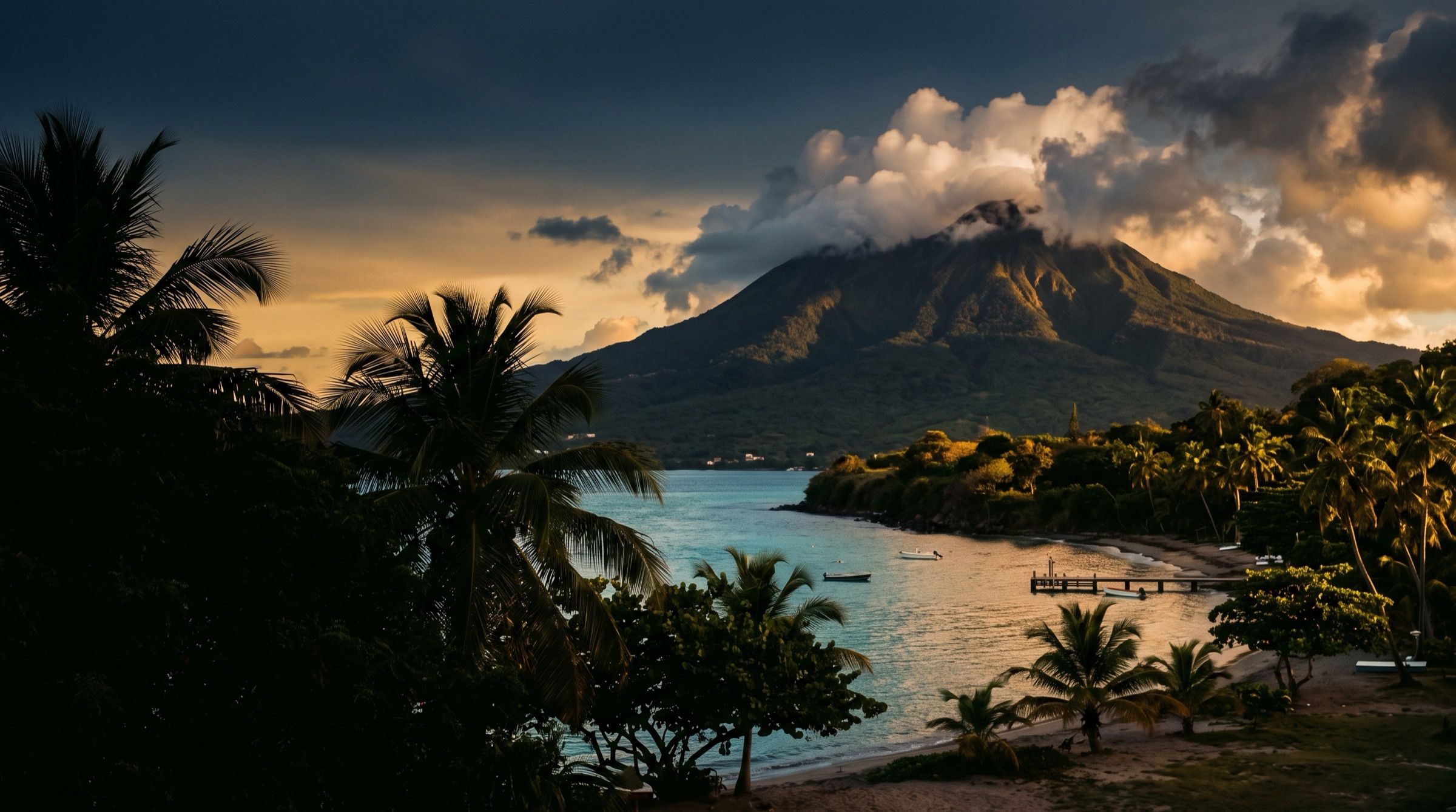 Nevis Peak rising above a turquoise bay at golden hour, clouds around the summit, palm trees