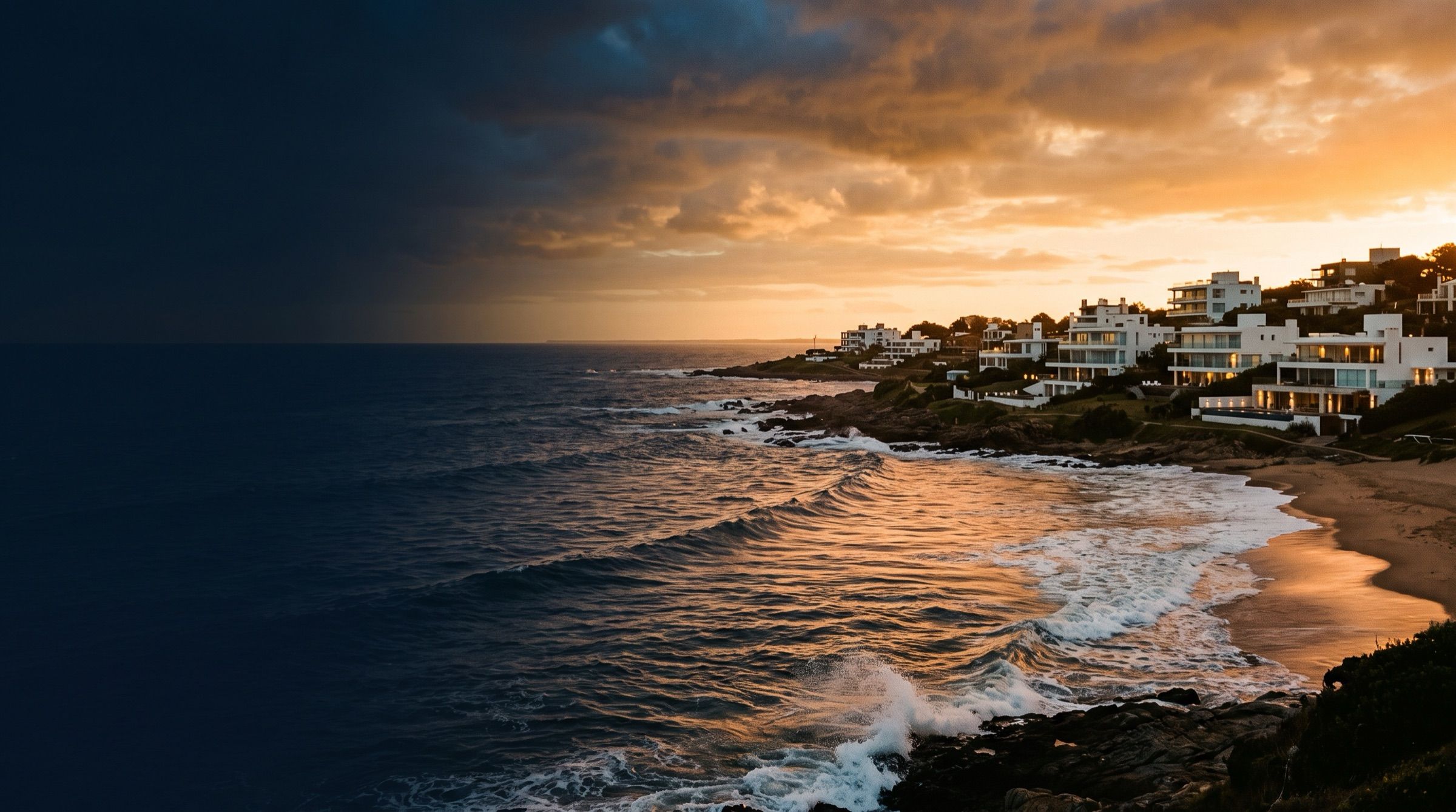 The Punta del Este coastline at golden hour with modern white villas and Atlantic waves