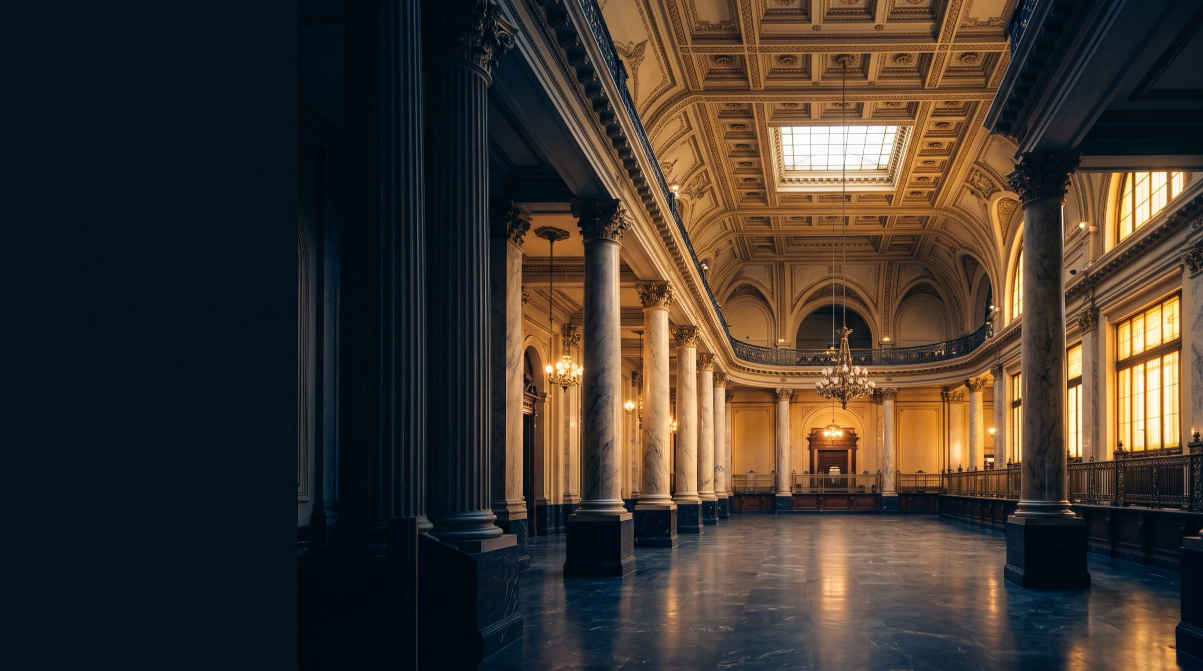 A grand historic banking hall in Buenos Aires with marble columns and a coffered ceiling, empty, golden light