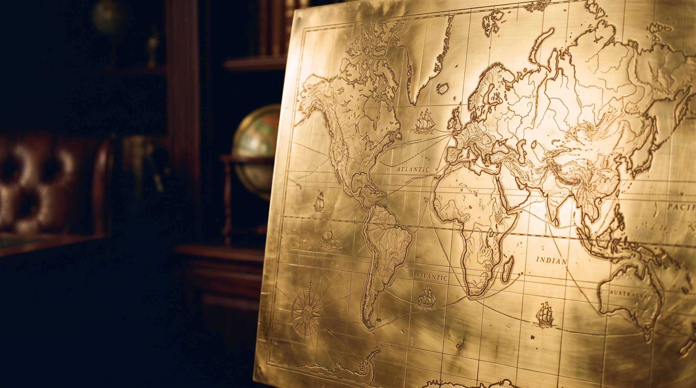 A world map engraved on a polished brass plate, raking gold light, macro detail