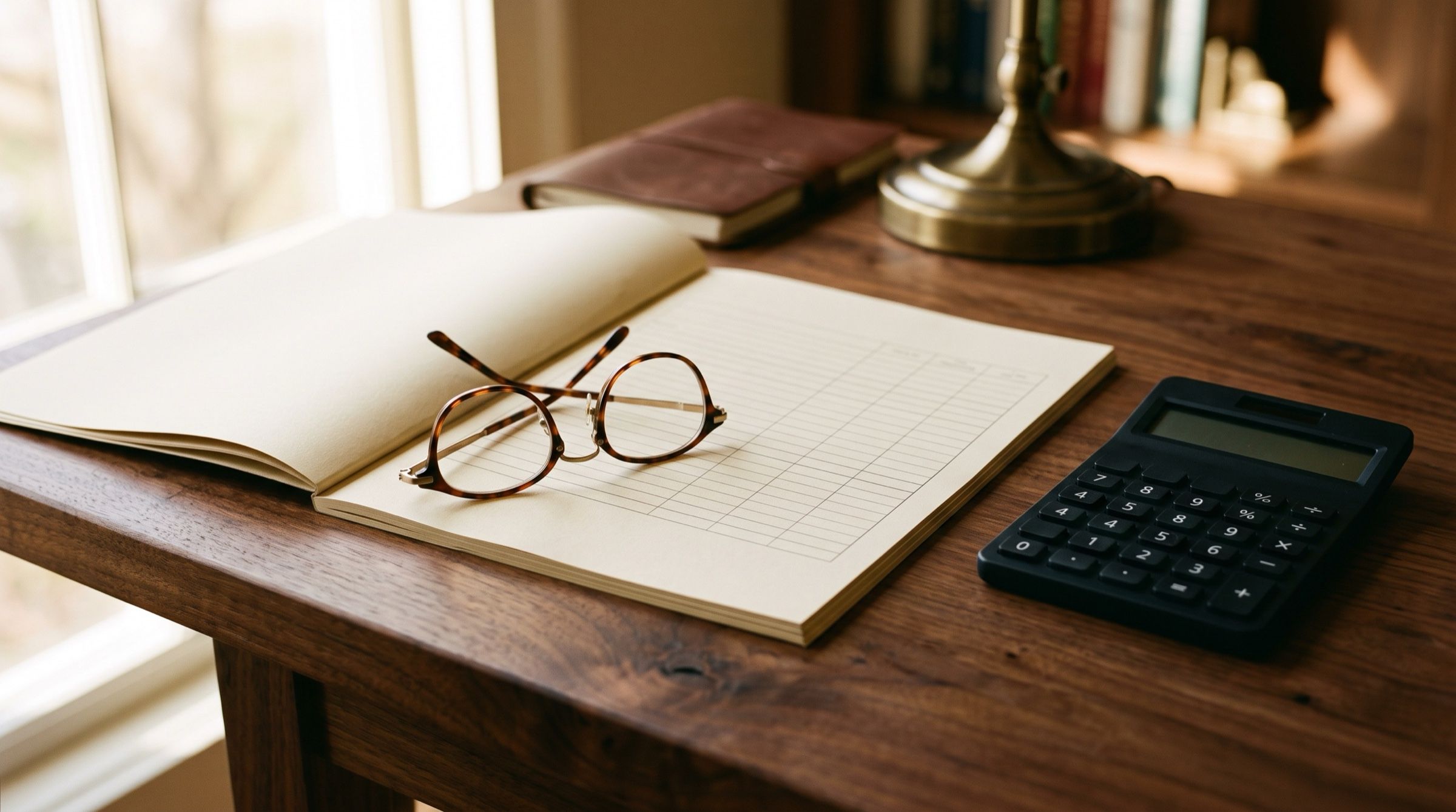 A pair of reading glasses resting on blank financial statements beside a calculator on a walnut desk, warm light