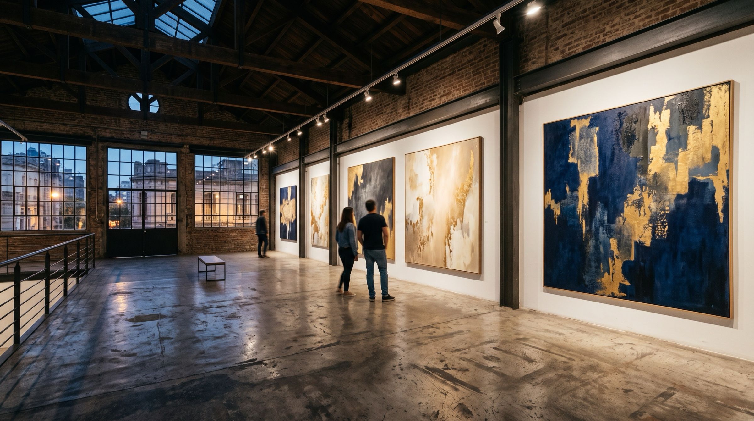 A contemporary art gallery in a restored Buenos Aires warehouse with large abstract canvases and concrete floors, evening light