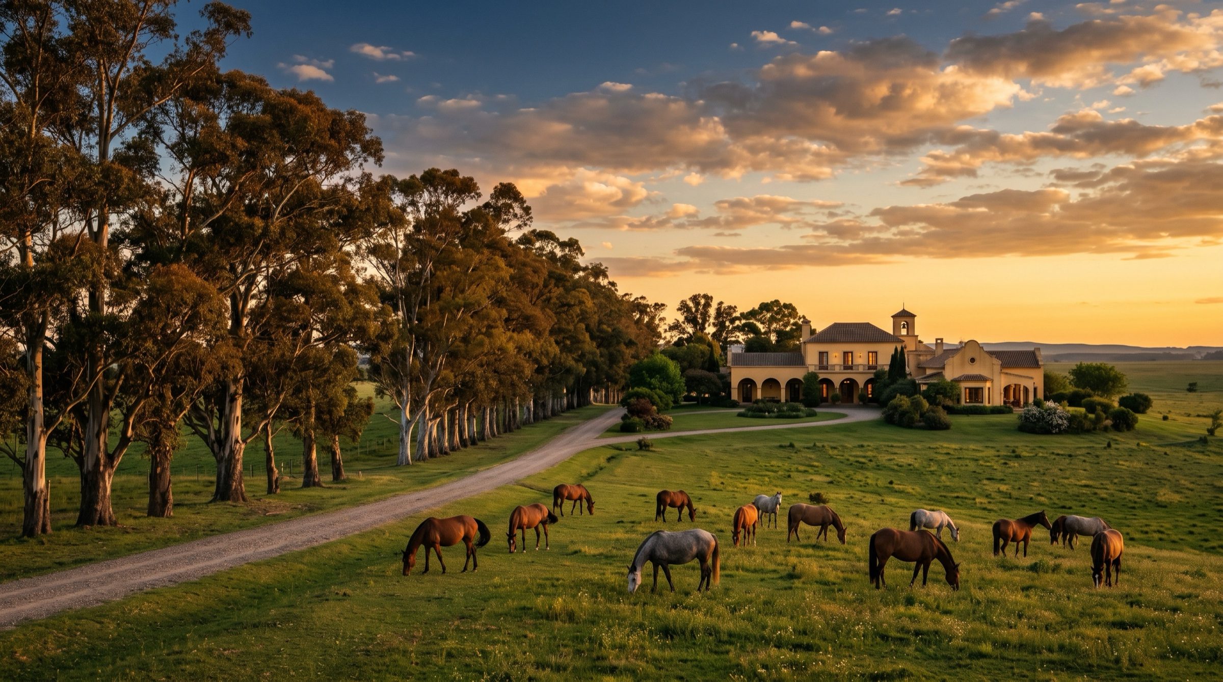 A grand estancia house with a long eucalyptus avenue on the Pampas at golden hour, horses grazing