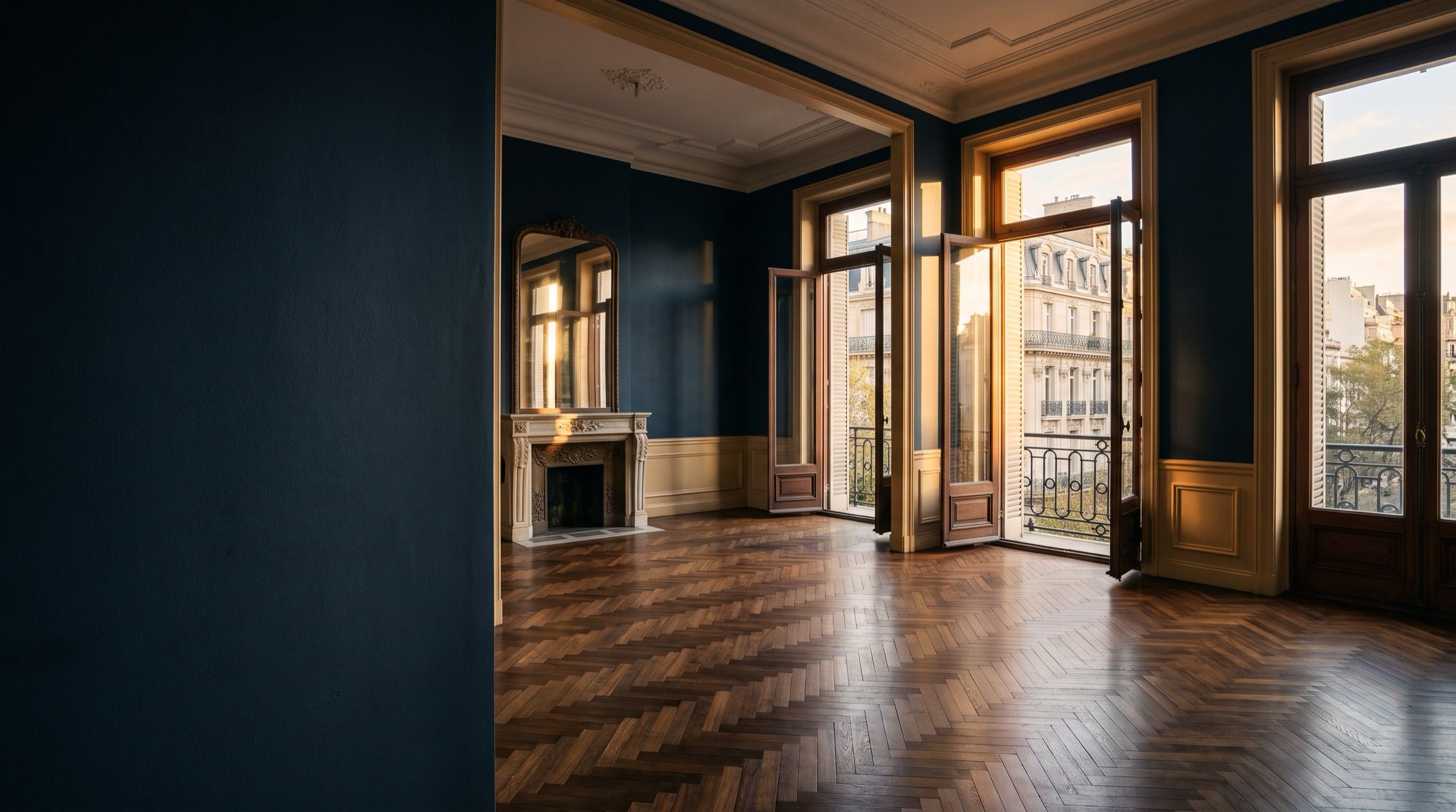 An elegant empty Buenos Aires apartment with tall French windows, herringbone parquet and afternoon light