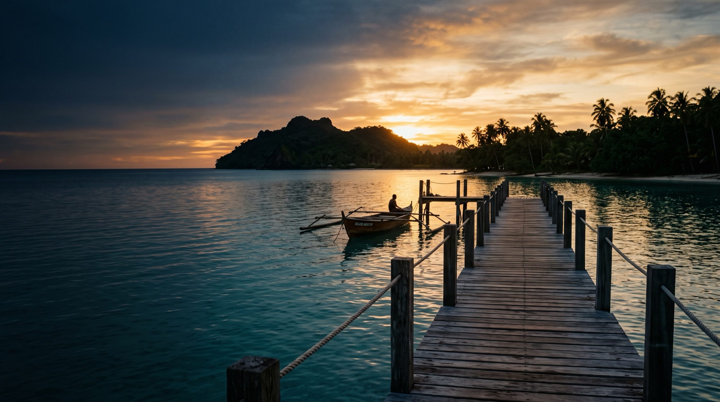 A long wooden pier on a tropical island at sunset with a lone wooden boat