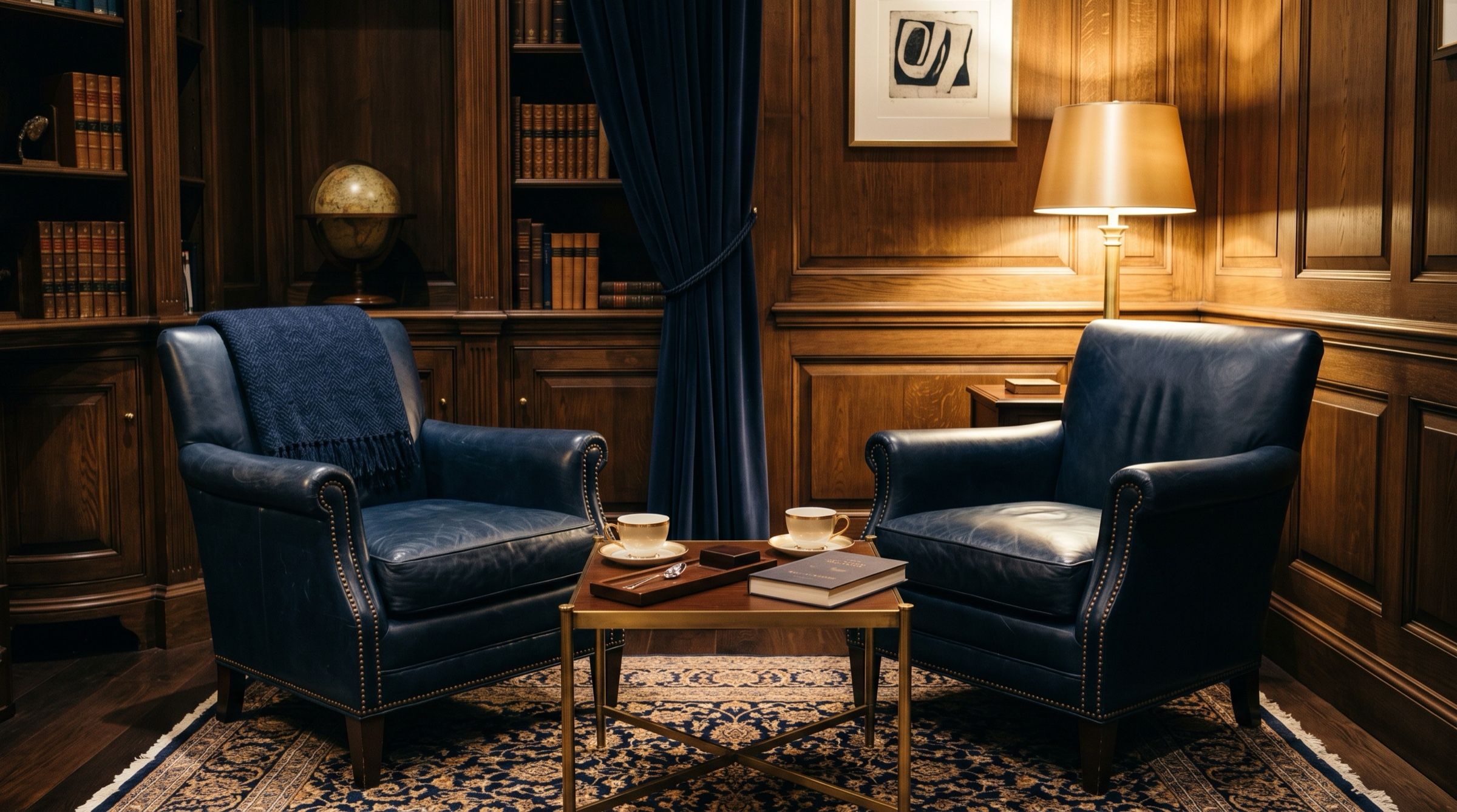 Two leather armchairs facing each other in a quiet wood-panelled private office, a low table with two coffee cups, warm lamp light