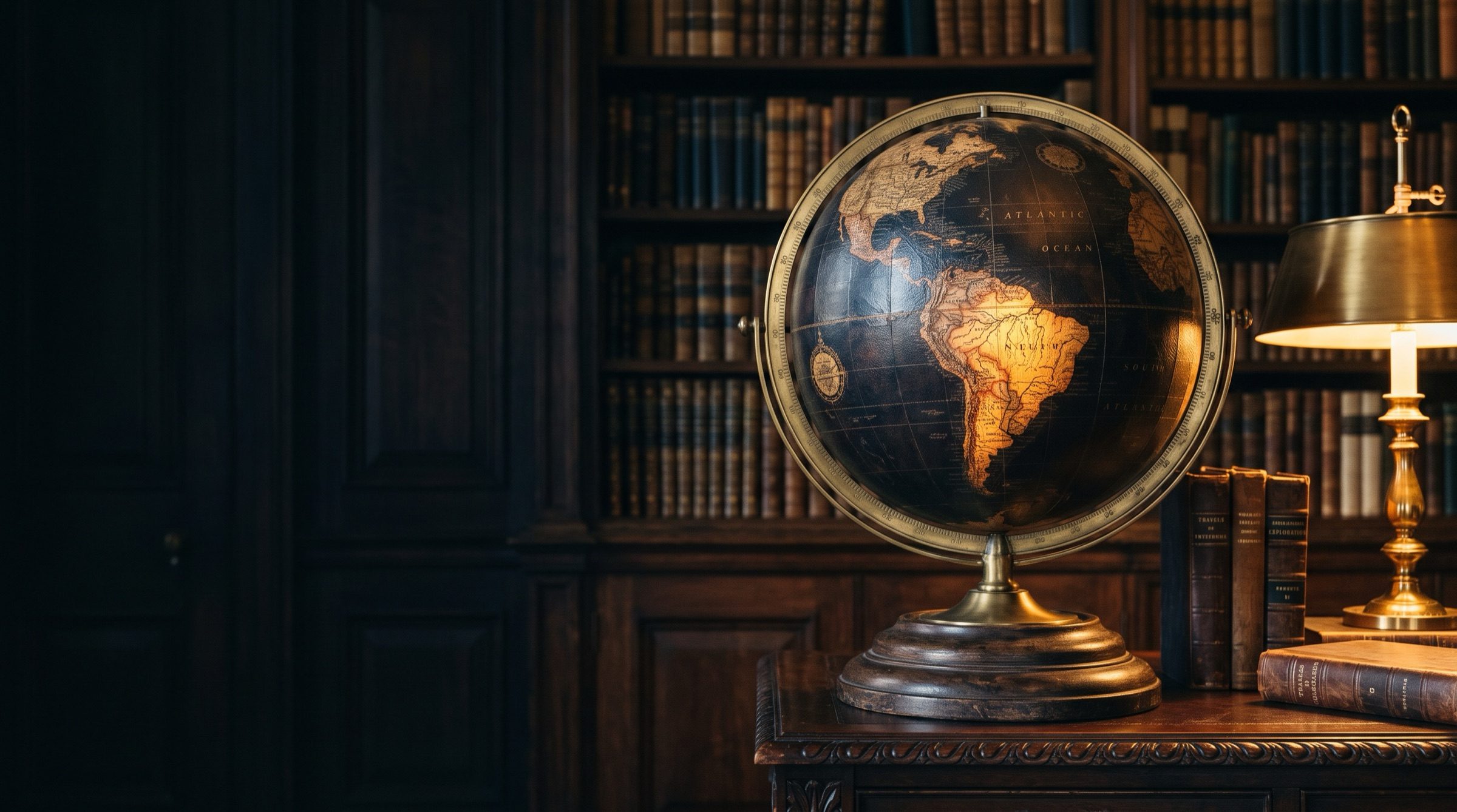 A vintage brass and leather globe in a dark wood-panelled library, warm lamp light falling on South America