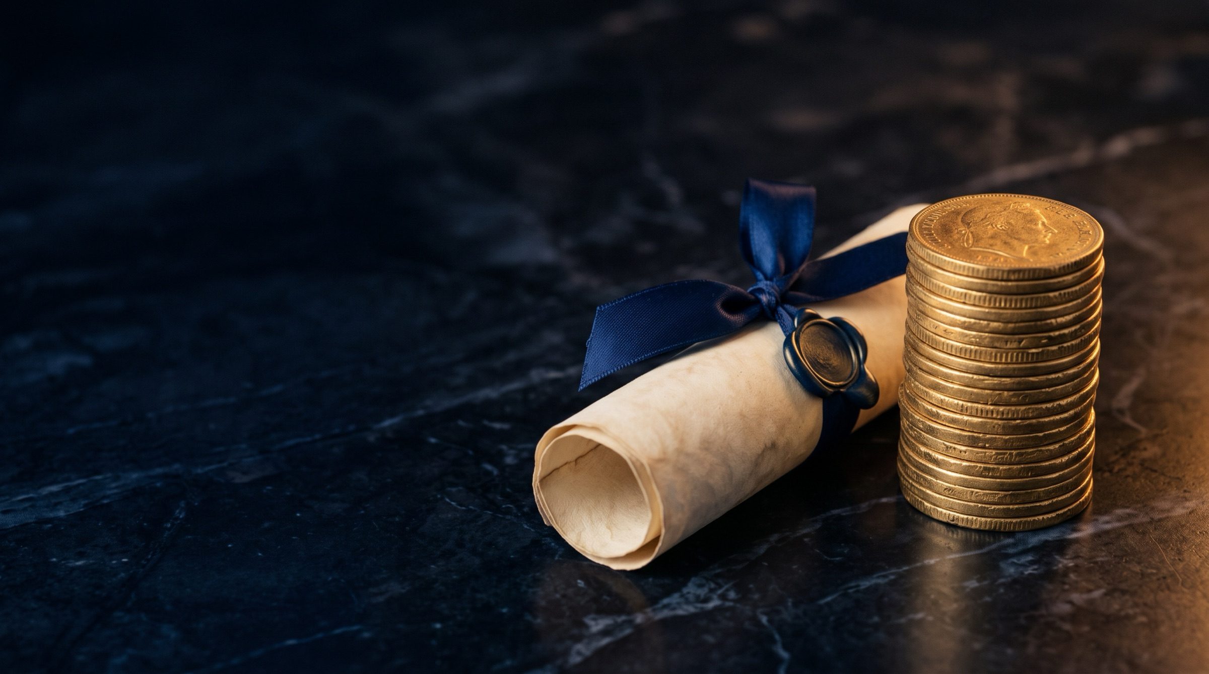 A neat stack of gold coins beside a ribbon-tied blank parchment bond certificate on dark marble, low warm light