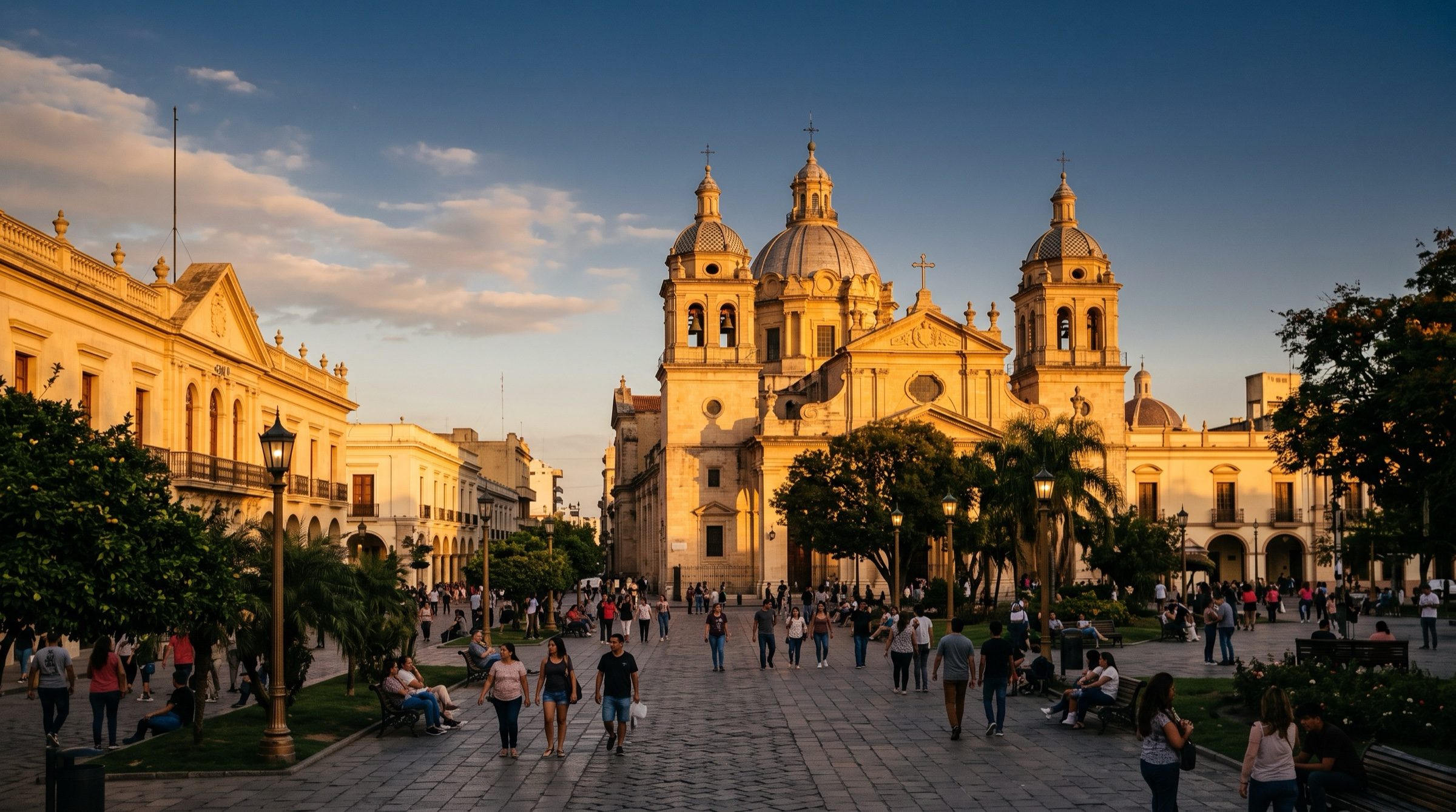 Colonial church domes and plazas of Cordoba, Argentina at golden hour, warm stone facades