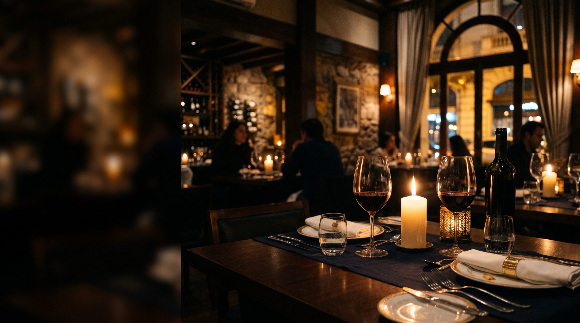 A candlelit fine-dining table in an elegant Buenos Aires restaurant at night, Malbec in crystal glasses