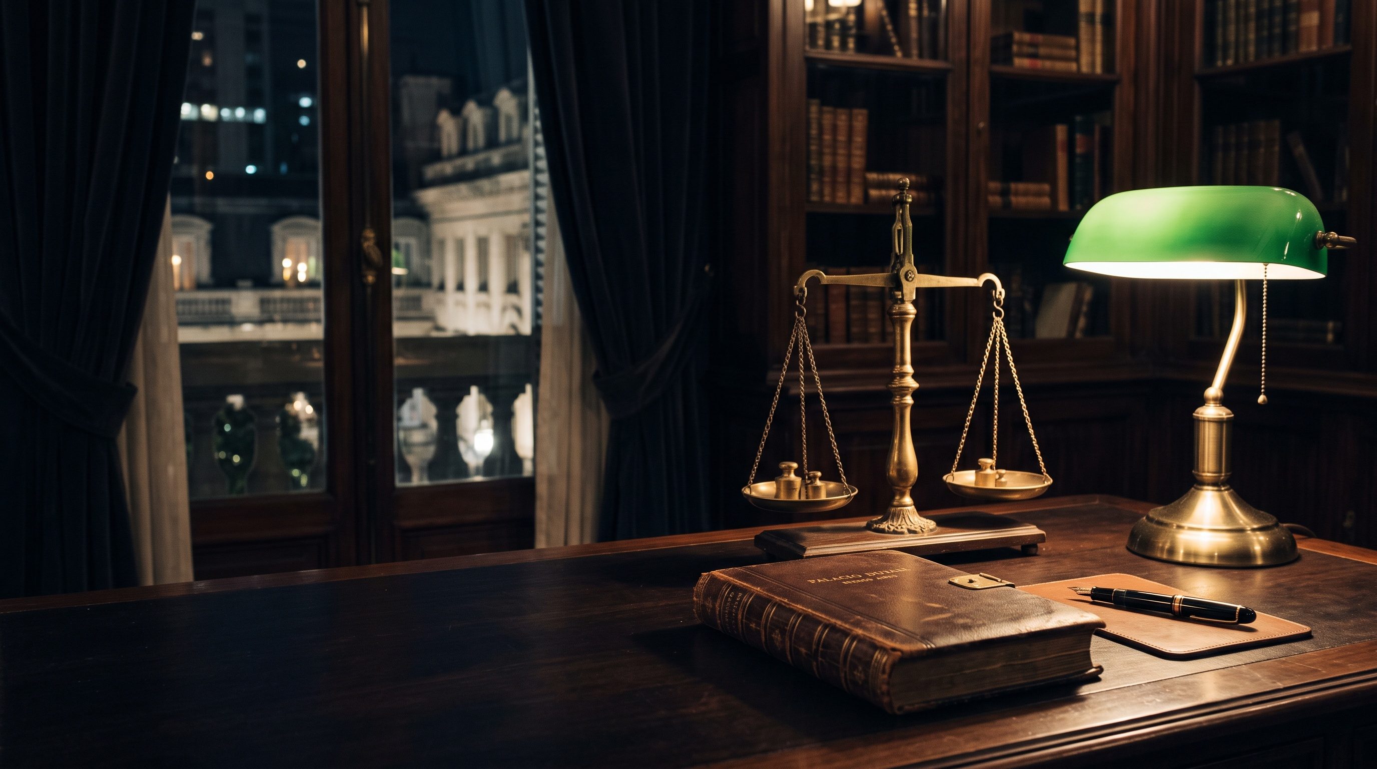 An antique brass balance scale on a dark walnut desk beside a fountain pen and a closed leather-bound ledger, warm green banker's lamp light, a Buenos Aires palacio study at night