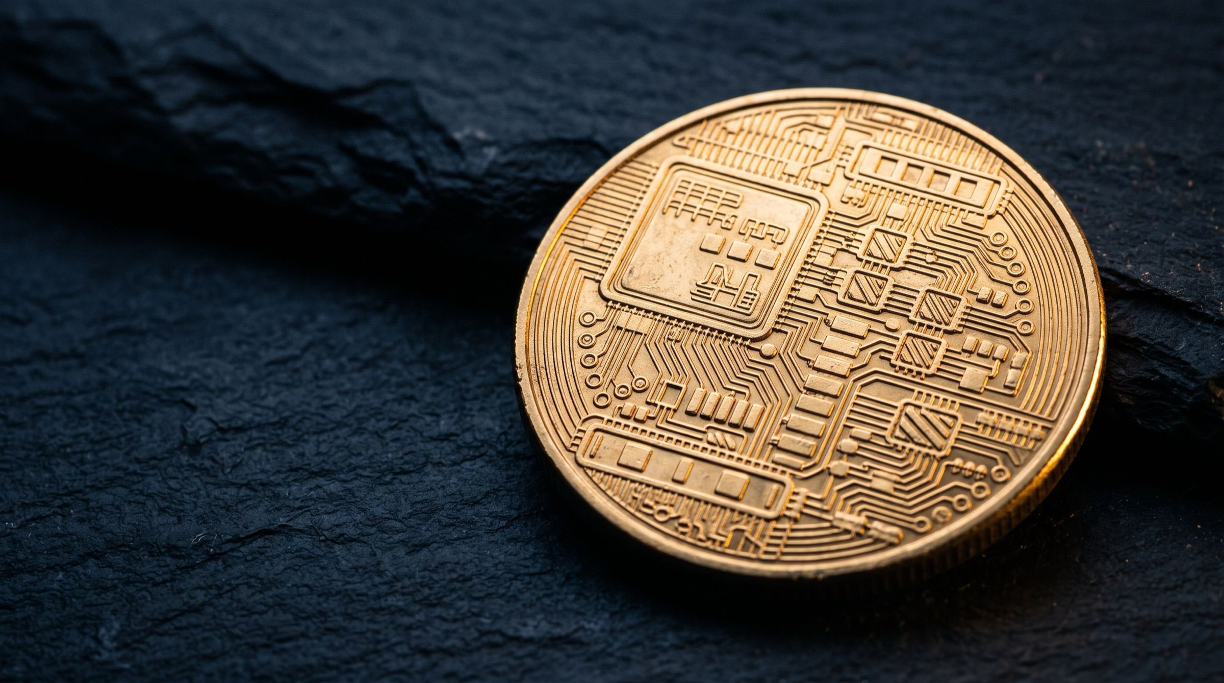 A single gold coin engraved with abstract circuit patterns on black slate, macro, warm rim light
