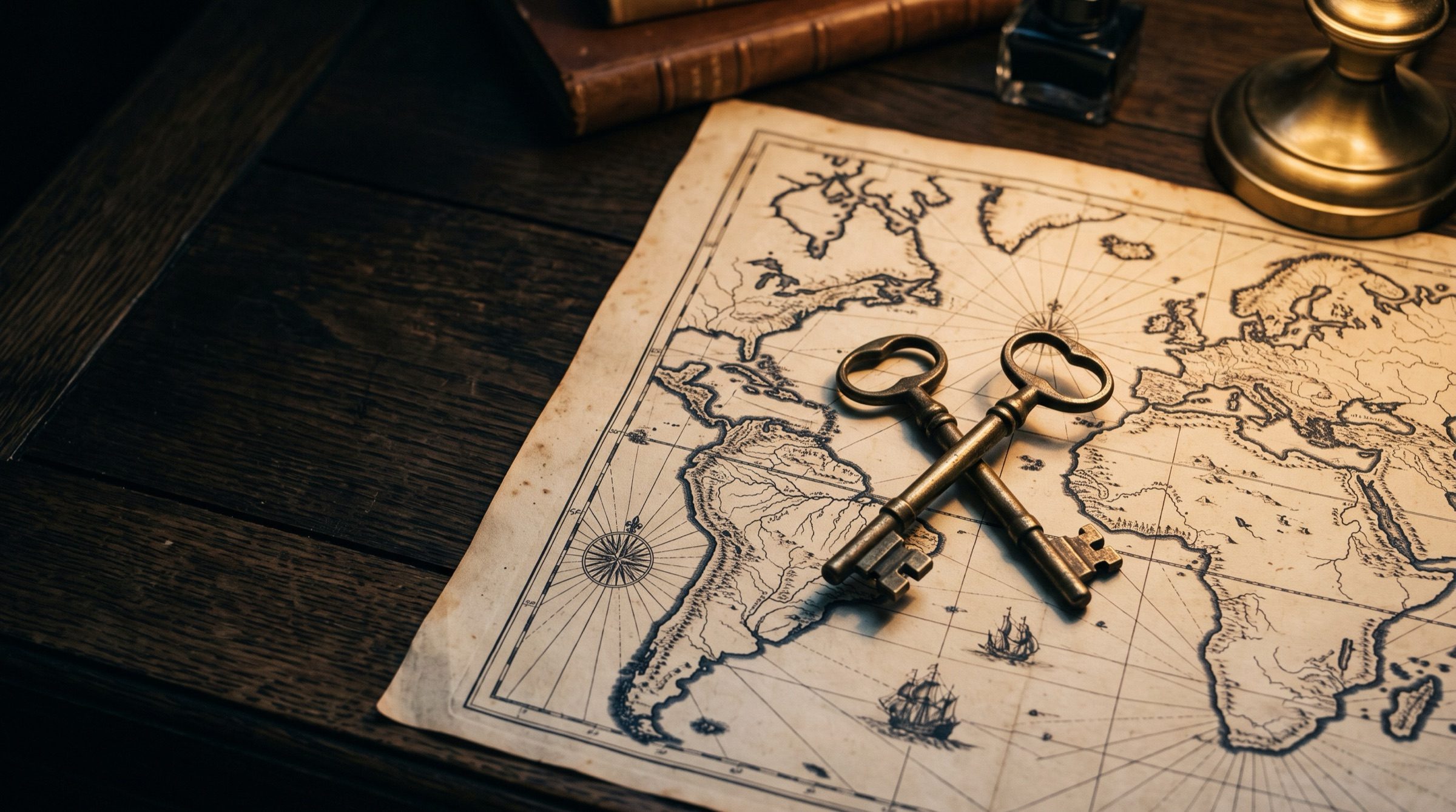 Two antique brass keys crossed on an old engraved map of South America and Europe