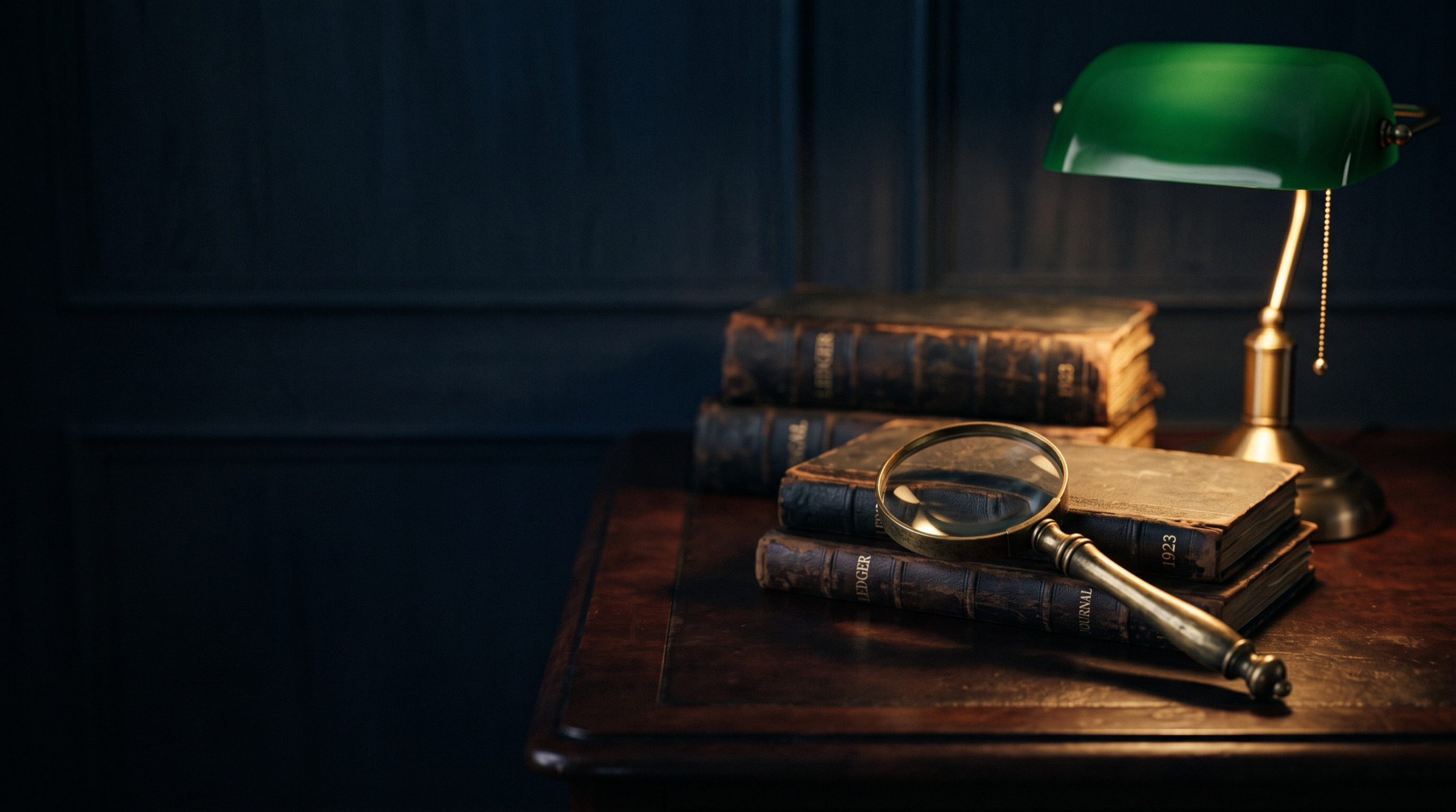 A brass magnifying glass resting on blurred ledgers under a green banker's lamp, dark wood desk, moody