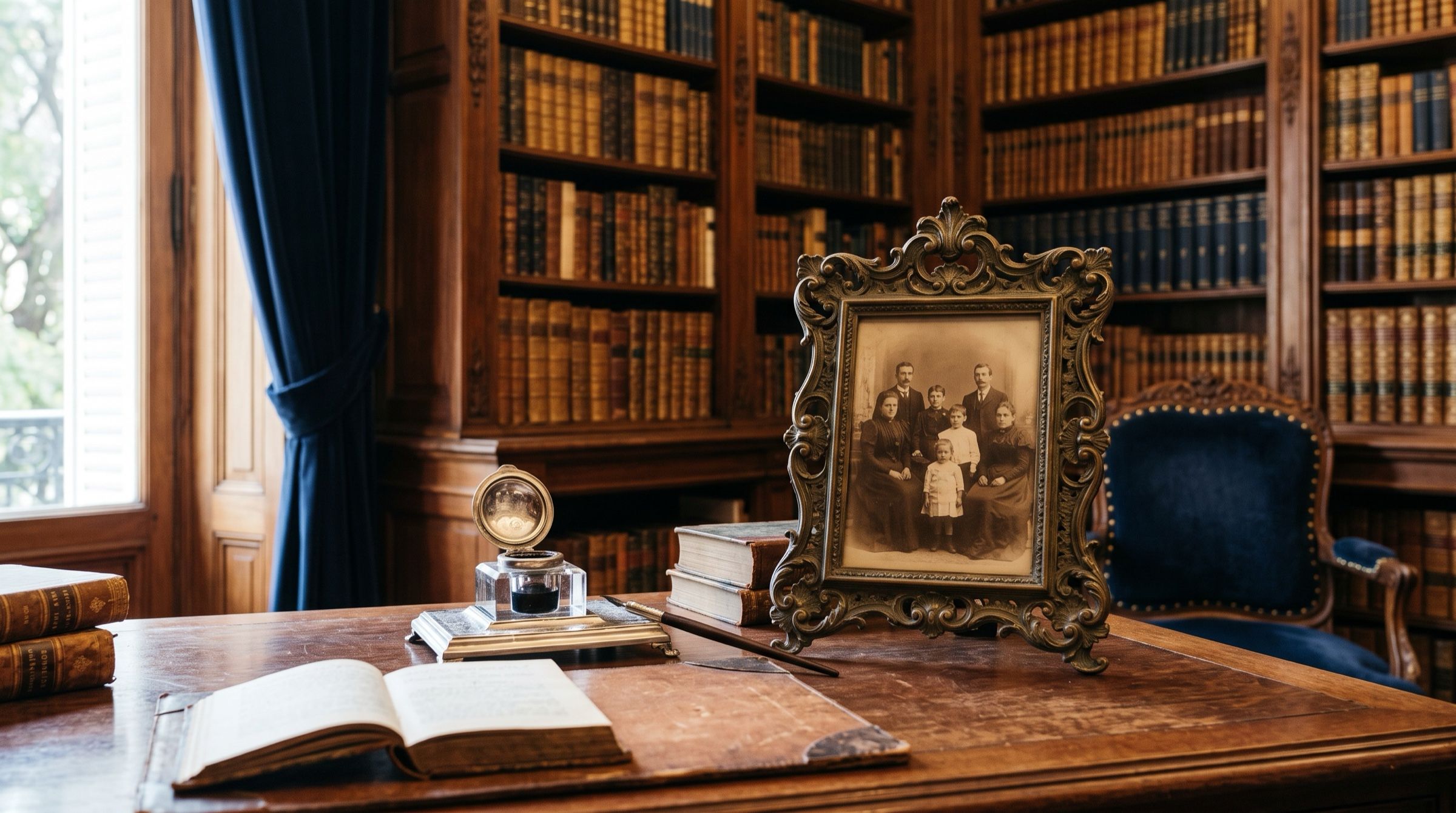 An antique family portrait frame and a silver inkwell on a mahogany desk in a Buenos Aires mansion library