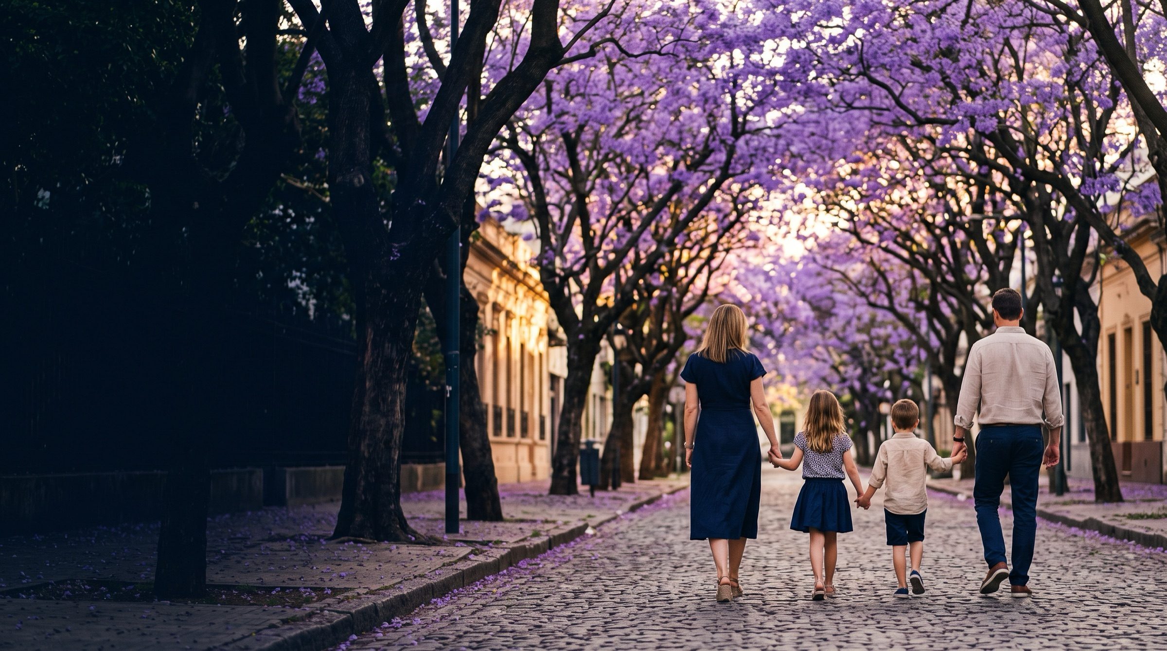 A family of four seen from behind, walking hand in hand along a jacaranda-lined avenue in Palermo, Buenos Aires at golden hour, purple blossoms overhead