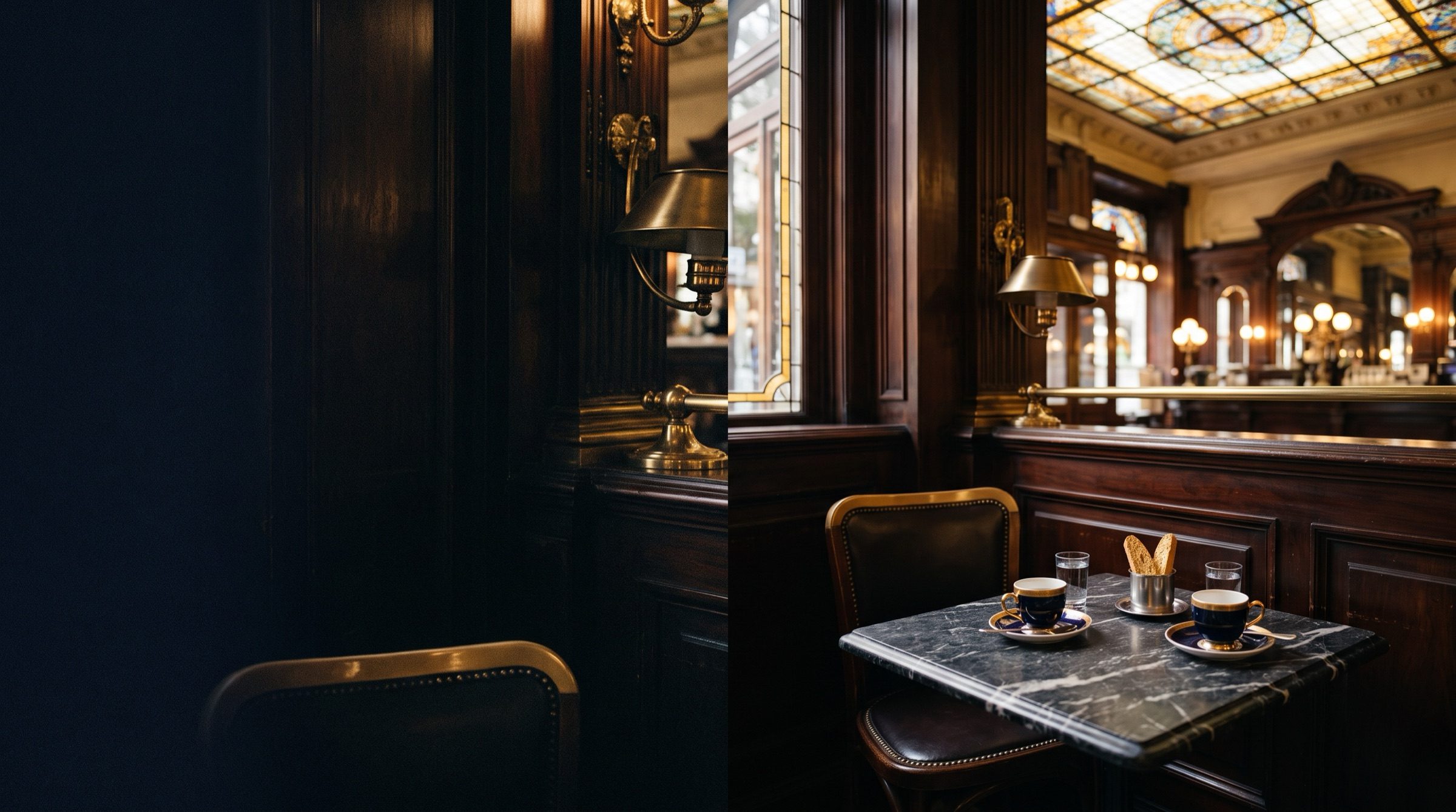 A quiet marble corner table in a historic Buenos Aires cafe with stained-glass ceiling, two espresso cups, morning light, brass and dark wood
