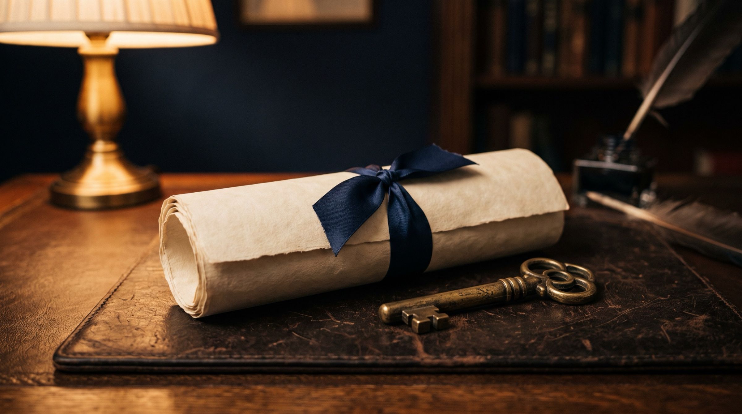 A ribbon-tied bundle of blank parchment deeds and a brass key on a leather blotter, warm lamp light