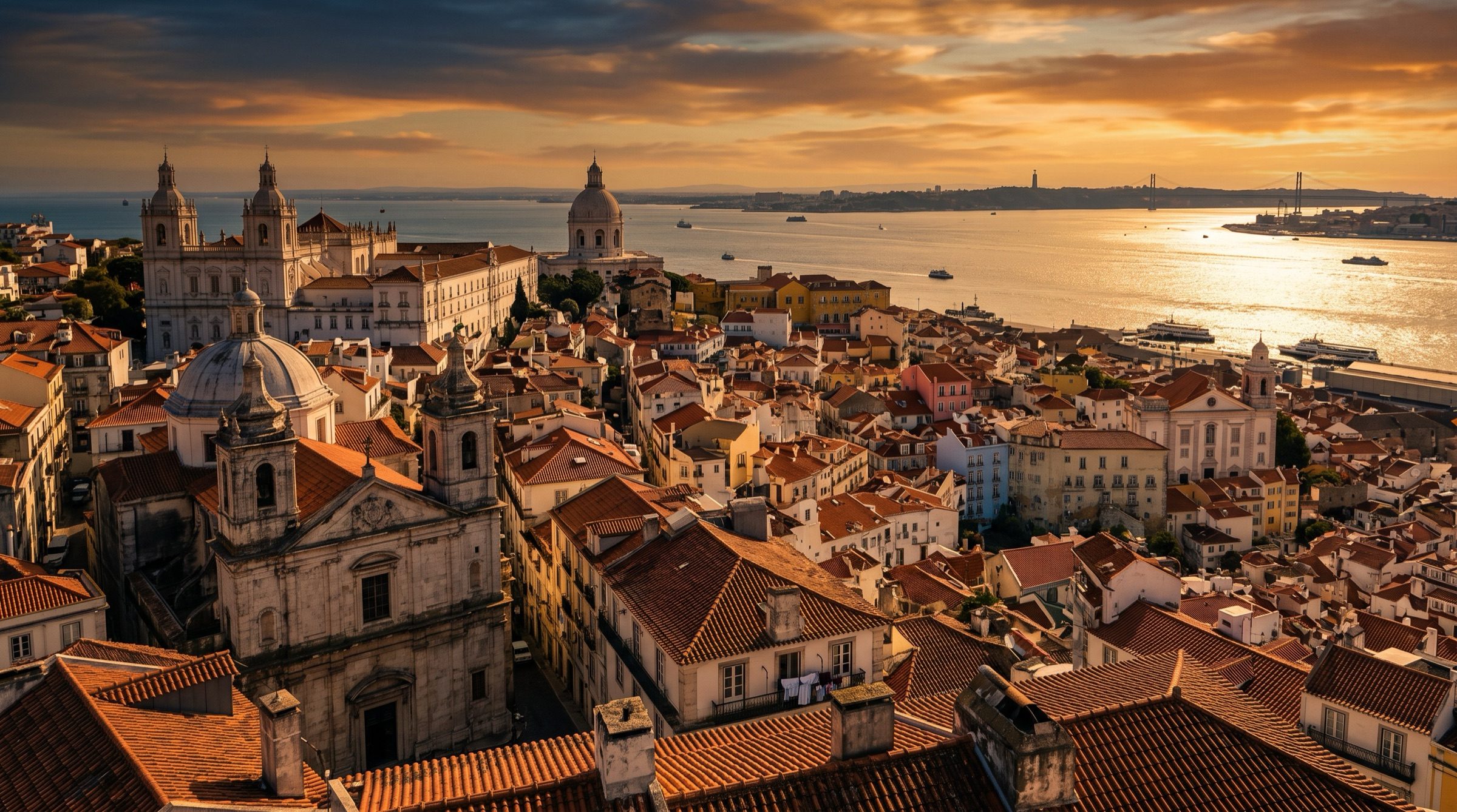 Lisbon rooftops and church domes at golden hour with the Tagus river beyond