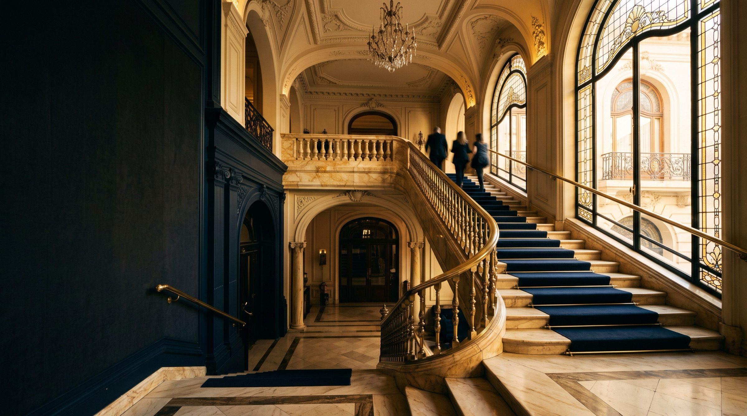 A grand marble staircase inside a Belle Epoque building in Buenos Aires, golden afternoon light streaming through tall arched windows, brass handrails