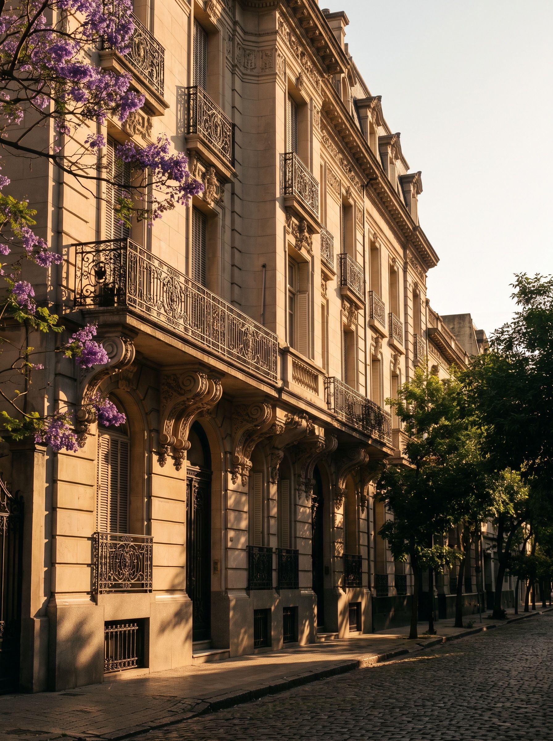 Recoleta mansion façade framed by jacaranda