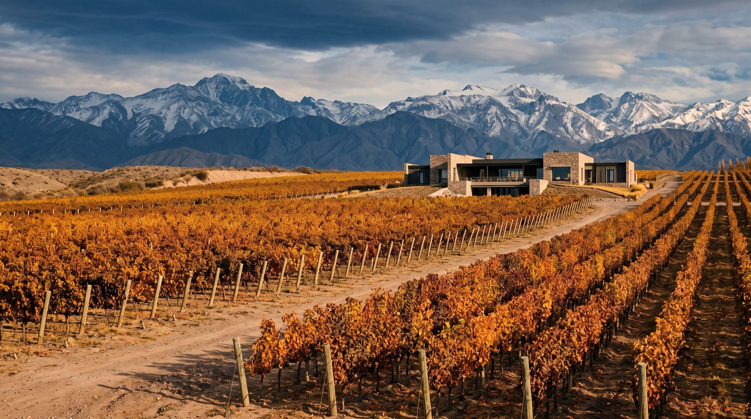 Rows of Malbec vines in autumn colours in the Uco Valley with a modern stone winery and the Andes behind