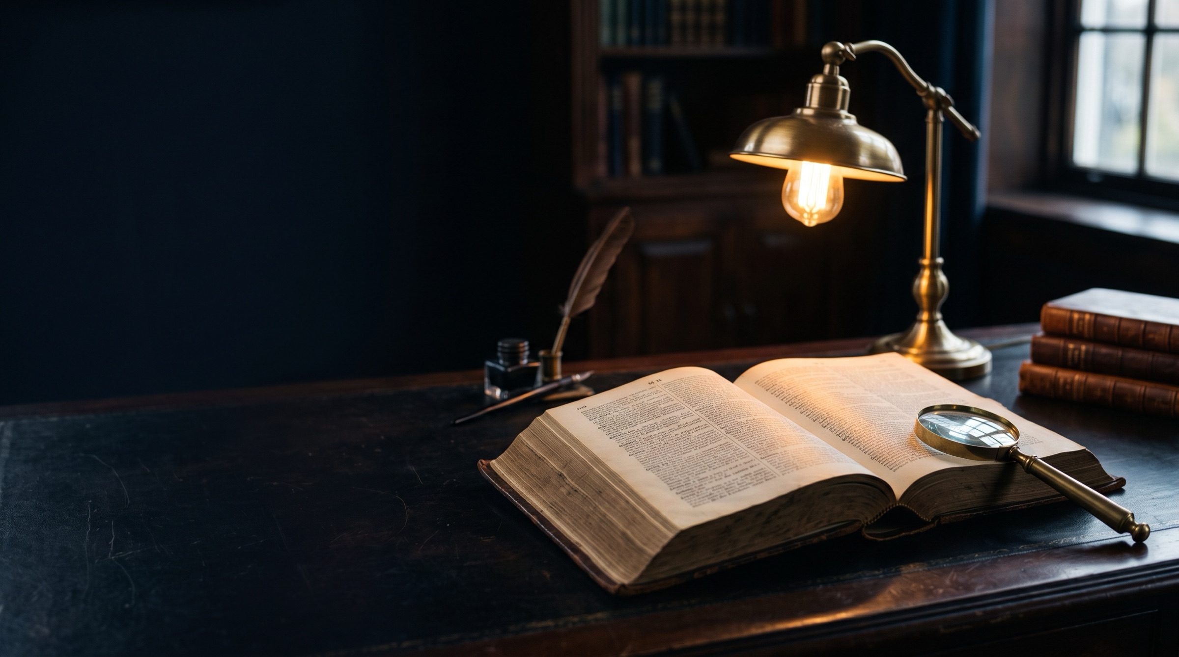 An antique leather-bound dictionary open on a desk with a brass magnifier and reading lamp