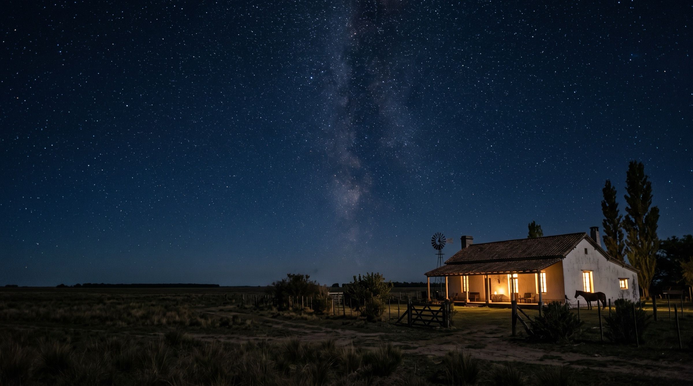 A lone estancia house on the Argentine Pampas under a vast star-filled night sky, warm window light