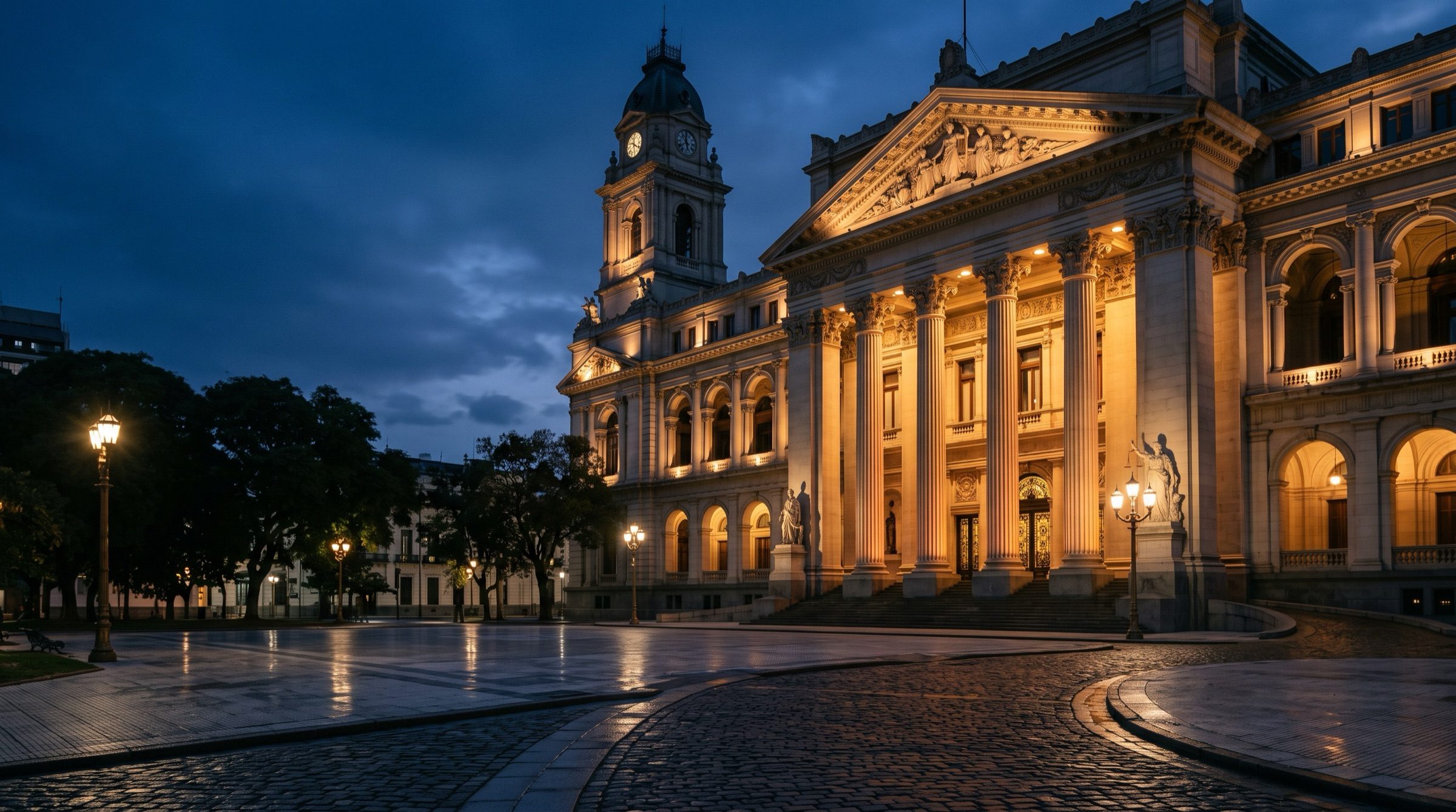 The neoclassical facade of the Palace of Justice in Buenos Aires at blue hour, tall columns lit warmly, empty plaza in front